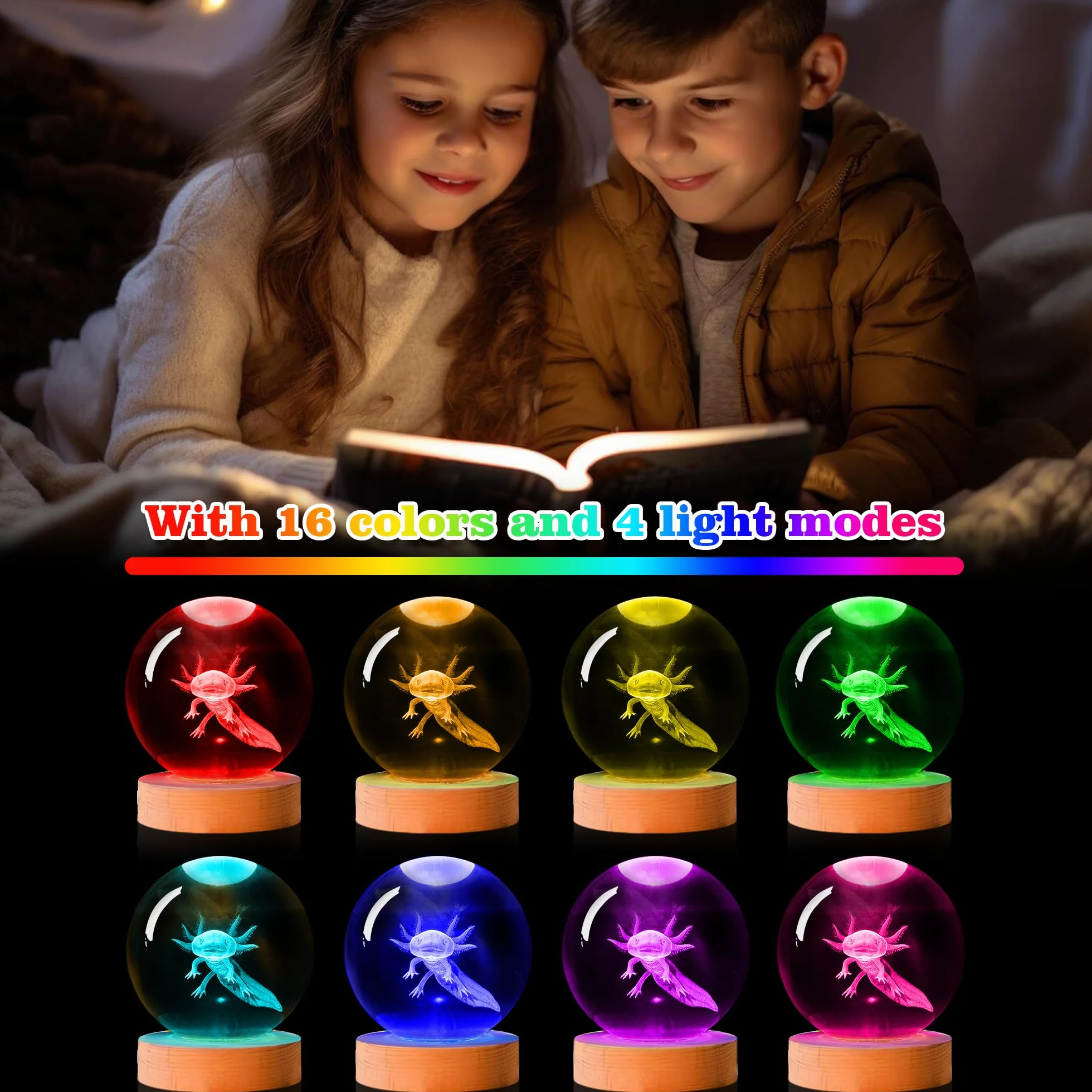 OkiyiD Axolotl, sfera di cristallo 3D, luce notturna con telecomando, lampade a sfera in vetro per amici, compleanni, vacanze, fantastici giocattoli decorativi per ragazzi e ragazze
