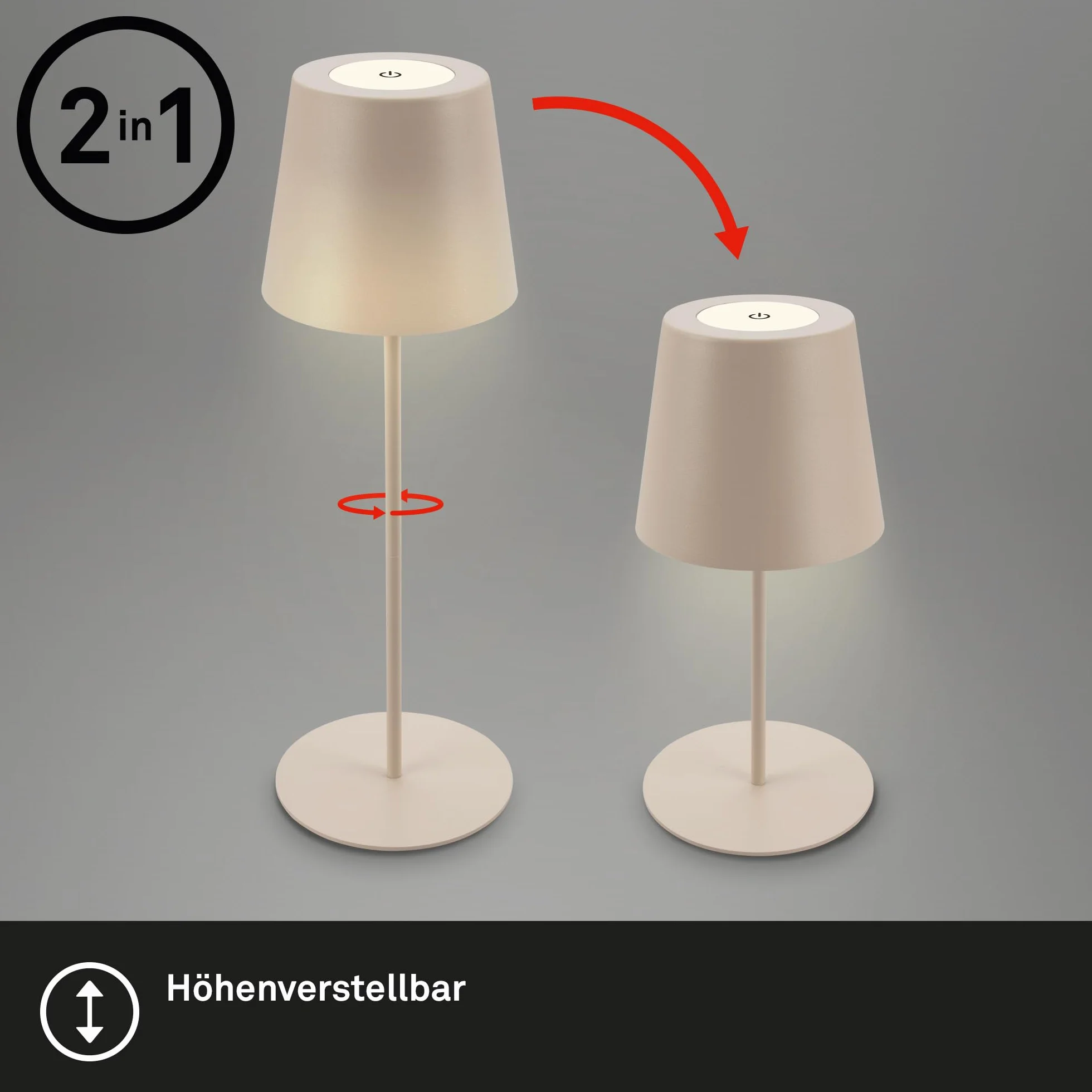 BRILONER - Set di 2 lampade da tavolo LED senza fili con touch, dimmerabili a livelli, regolabili in altezza, lampada da scrivania senza fili, lampada ricaricabile, comodino, 12x36 cm, beige