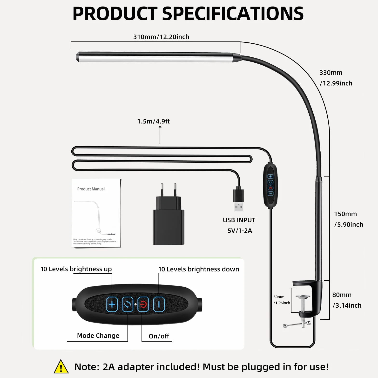 Akynite Lampada da Scrivania con Pinza e Cavo, Adattatore incluso, 3 Colore e 10 Intensità, Lampada da Lettura da Letto, Flessibile Lampada USB per PC, Luce Tavolo, Nera