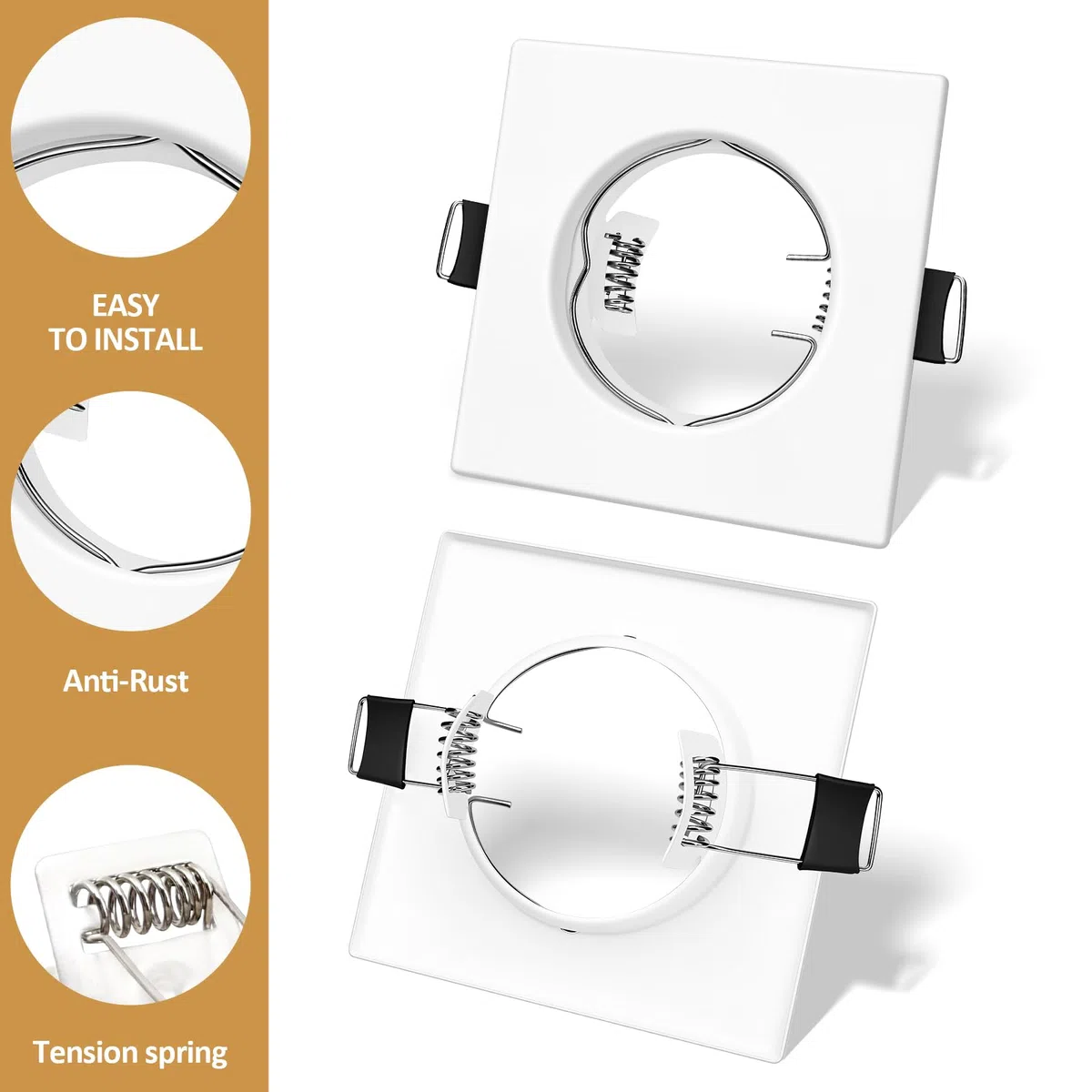 Confezione da 10 Telai Quadrati per Faretti a Incasso con Portalampada GU10 Certificato VDE – Bianco Opaco in Metallo (80x80 mm), Foro 55-70 mm, Incl. Molle e Anelli di Fissaggio – Lampadina Esclusa