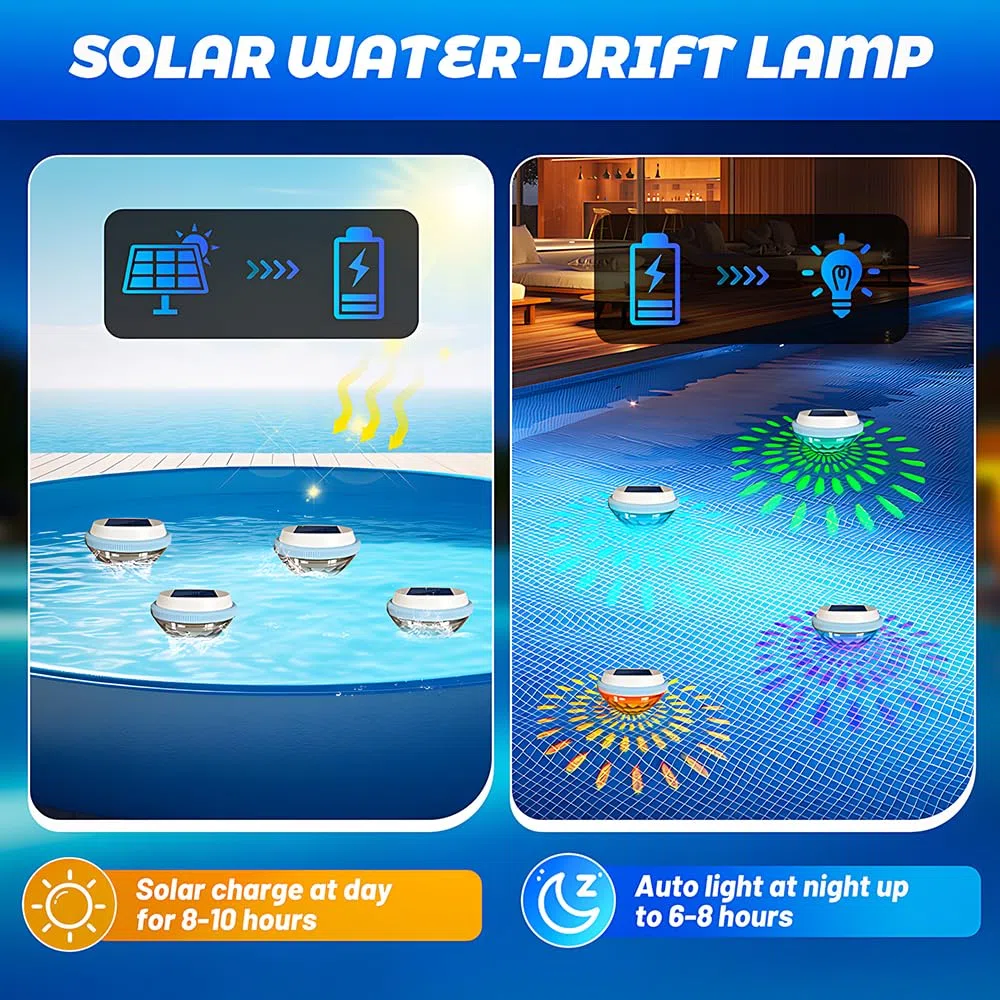 Luci Solari per Piscina, 2 Pezzi Luci Galleggianti per Piscina Solari, Impermeabile Luci Led Piscina Galleggianti Solari con 7 Colori e Strumento di Sigillatura, Luci per Piscina Fuori Terra Laghetto