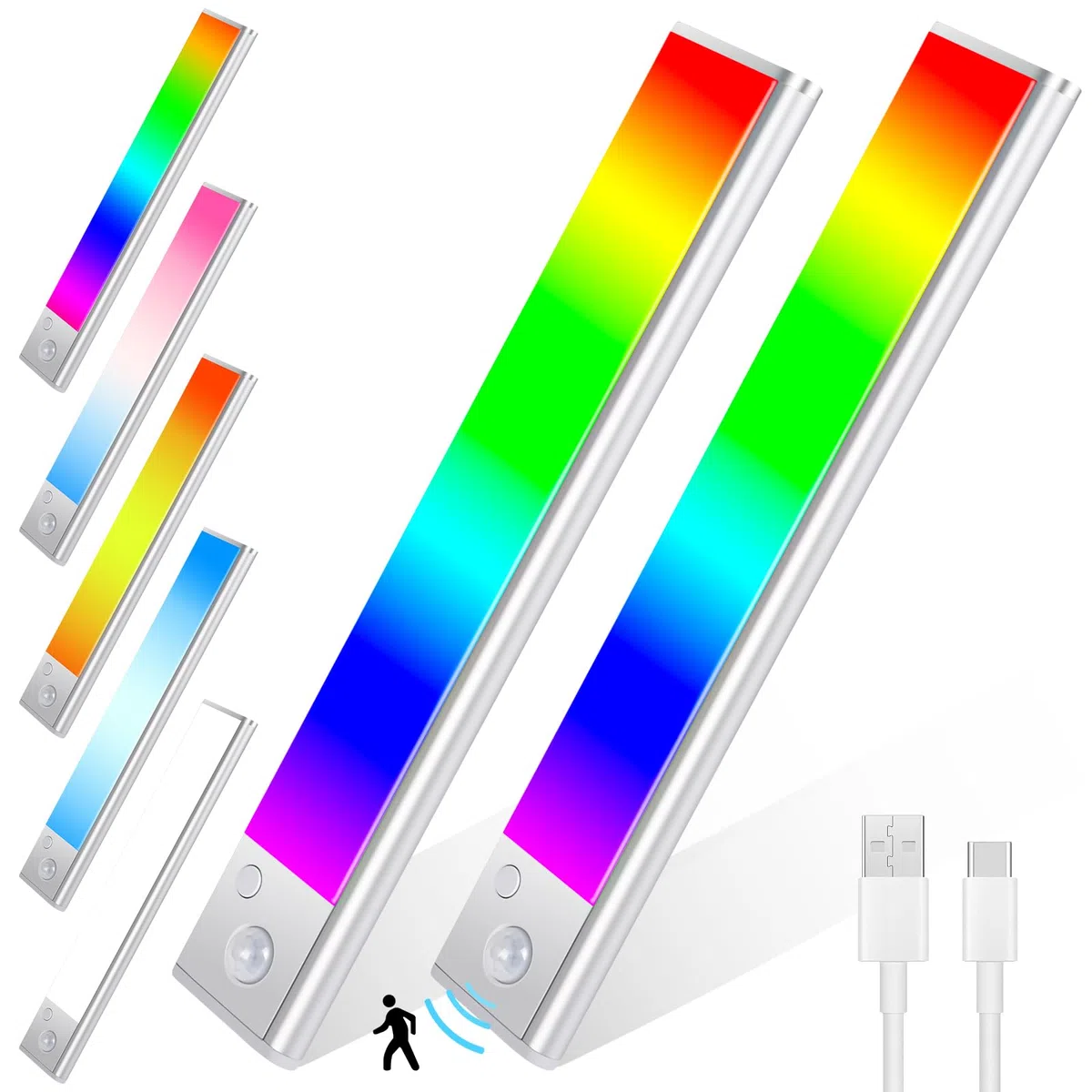 Euakee 2 Pezzi 23CM RGB IC LED Lightbar Senza Fili con Rilevatore di Movimento, Luce Sotto Armadio Cucina Dimmerabile, Barra Luminosa Ricaricabile USB Luce Notturna per Camera da Letto Decorazione