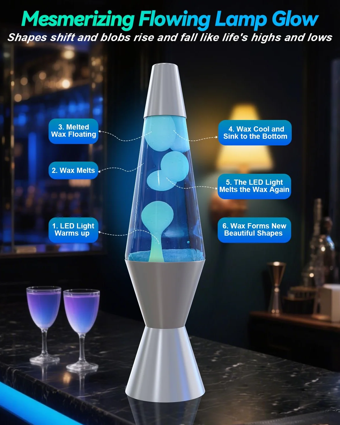 AONESY Lampada da lavaggio 37cm luce d'acqua blu bianco cera Lampada da lavaggio Bambini Luce notturna Luce colorata Regalo di Natale Compleanno