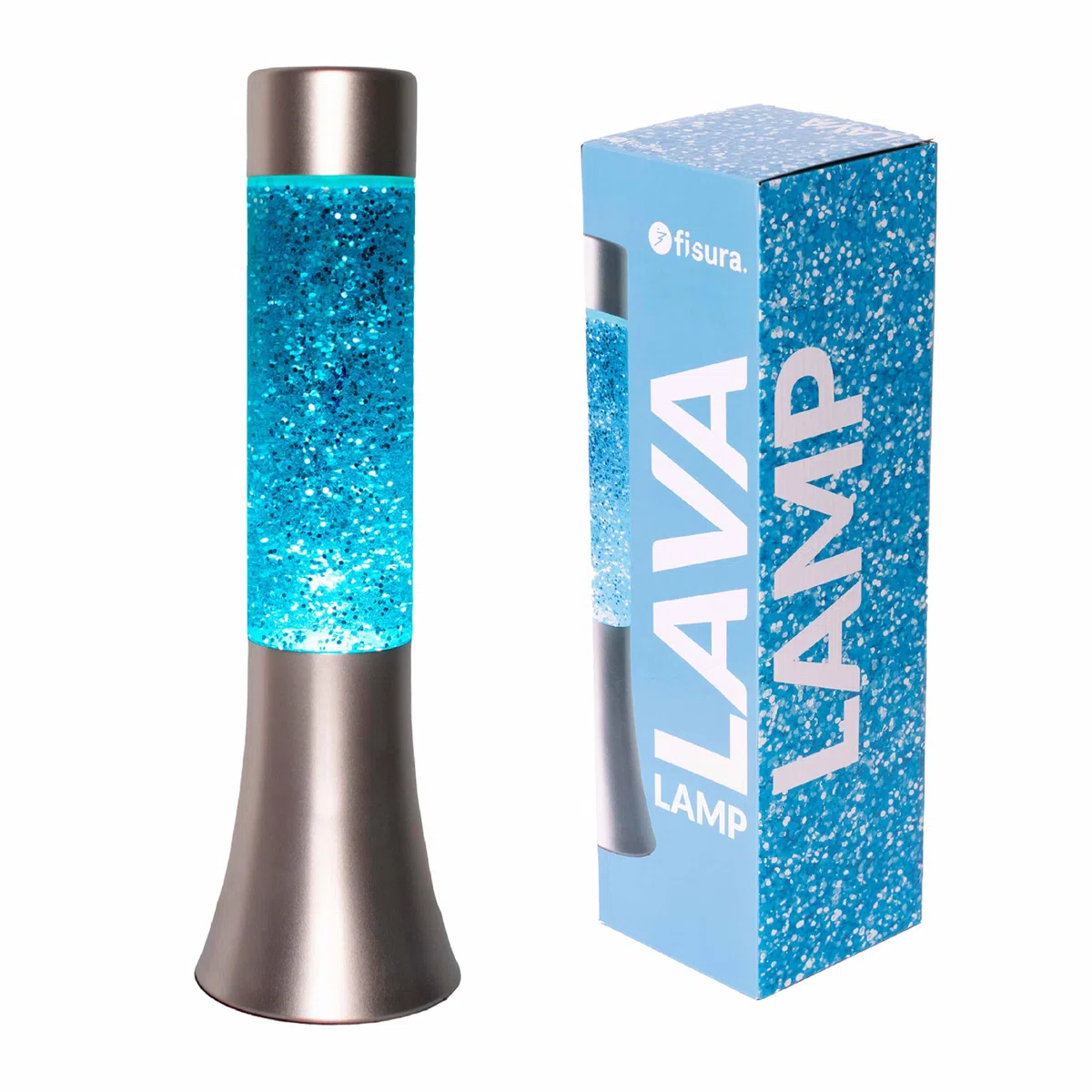 Fisura - Lampada lavica blu glitter. Lampada di lava da 30 cm con base argentata, liquido blu e glitter. Lampada ad effetto rilassante. 9x9x30 cm
