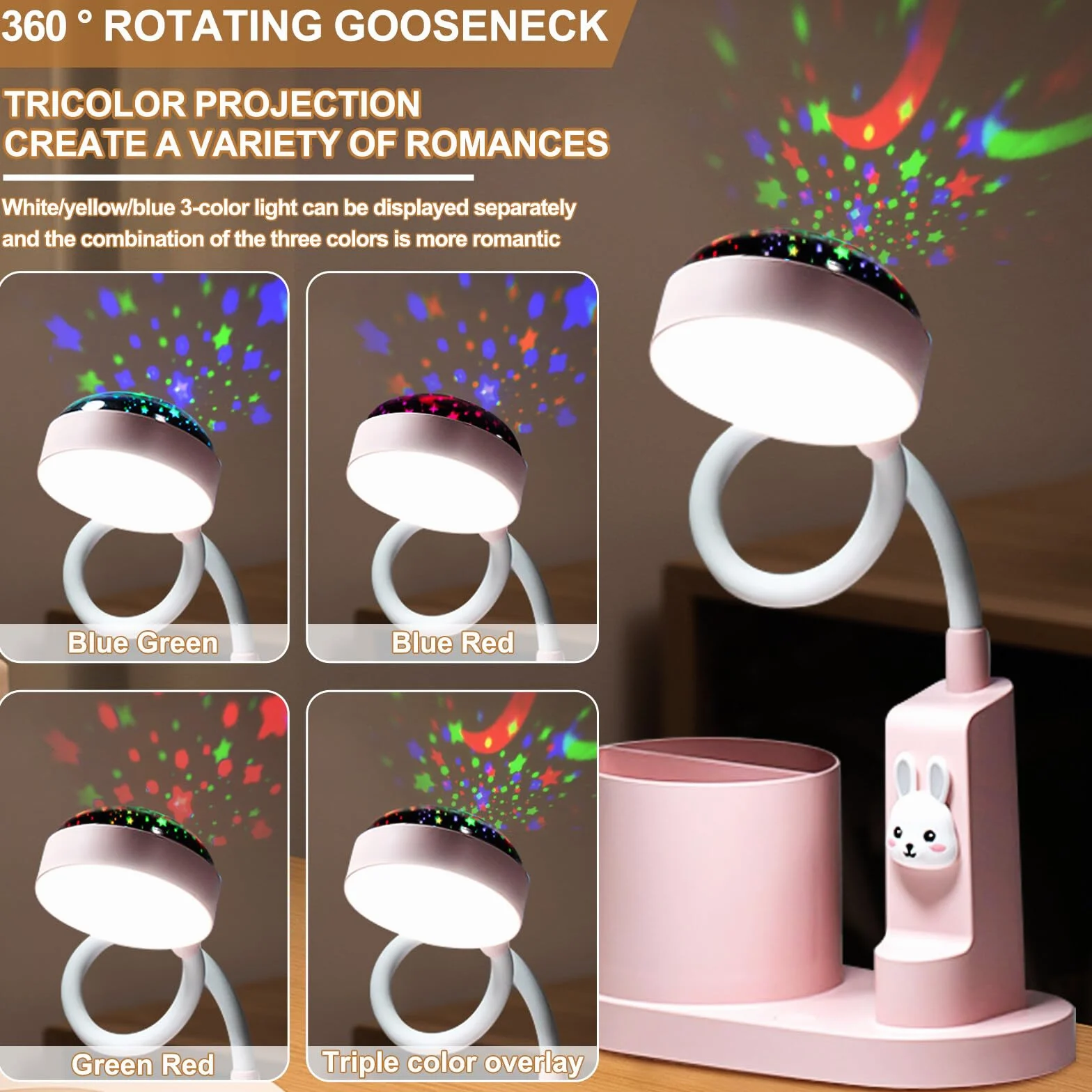 Aicharynic Lampada da Scrivania per Bambini: Lampada da Notte LED con Port penna, Lampada da Tavolo Dimmerabile con Proiezione di Stelle, Regolabile a 360°, per Cameretta (Rosa)