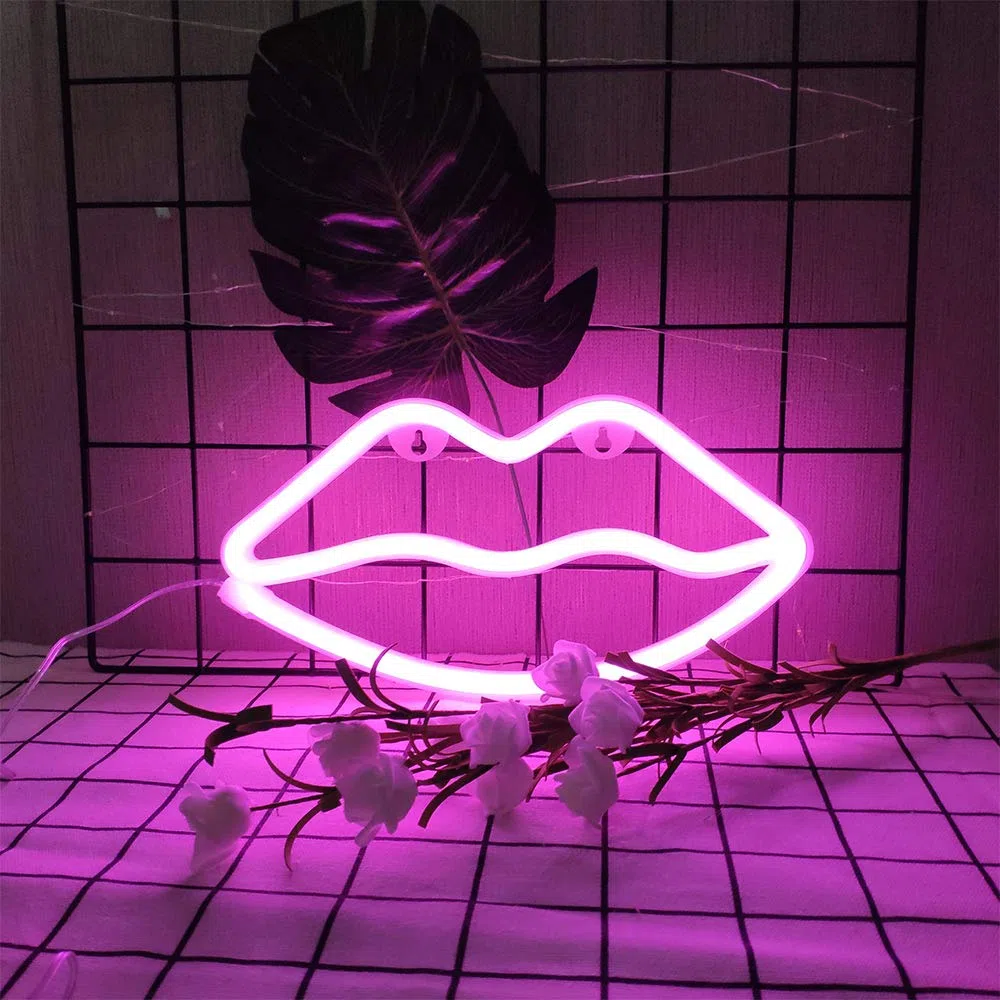 ENUOLI Pink Lip Insegne al neon Luce notturna al neon Applique da parete al neon Led Arte decorativa Luci al neon Lampada a led a batteria o USB per la festa di Natale Compleanno Matrimonio