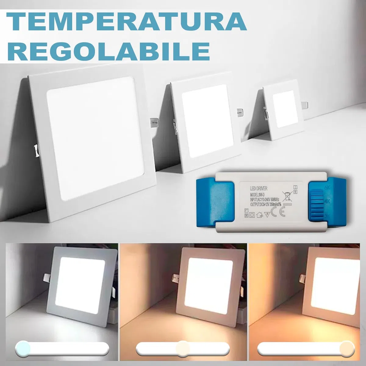 Faretto Led da Incasso Quadrato luce Bianca,(3,6,12,18,24W)-(luce calda, naturale, fredda), diametro foro da 75 a 285 mm ideale per soffitto, segnapassi, scale (3000K-4000K-6500K, [x2] 6 watt)