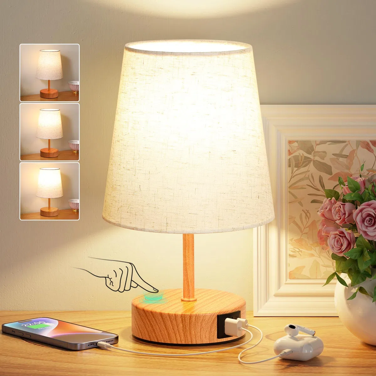 Lampada da Comodino Touch con Porte di Ricarica USB-C+A, Dimmerabile a 3 Vie, Paralume in Lino Base in Legno Scuro, Piccola Lampada da Tavolo per Camera da Letto Soggiorno Ufficio