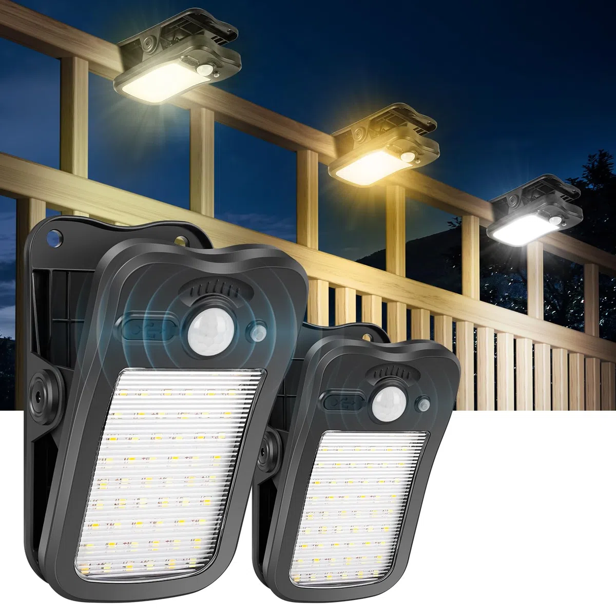 Luci solari con movimento a clip per esterni, luminosità 800 lm, 3 modalità e 3 temperature di colore, ricarica USB e telecomando, luce di inondazione impermeabile per recinzioni, grondaie