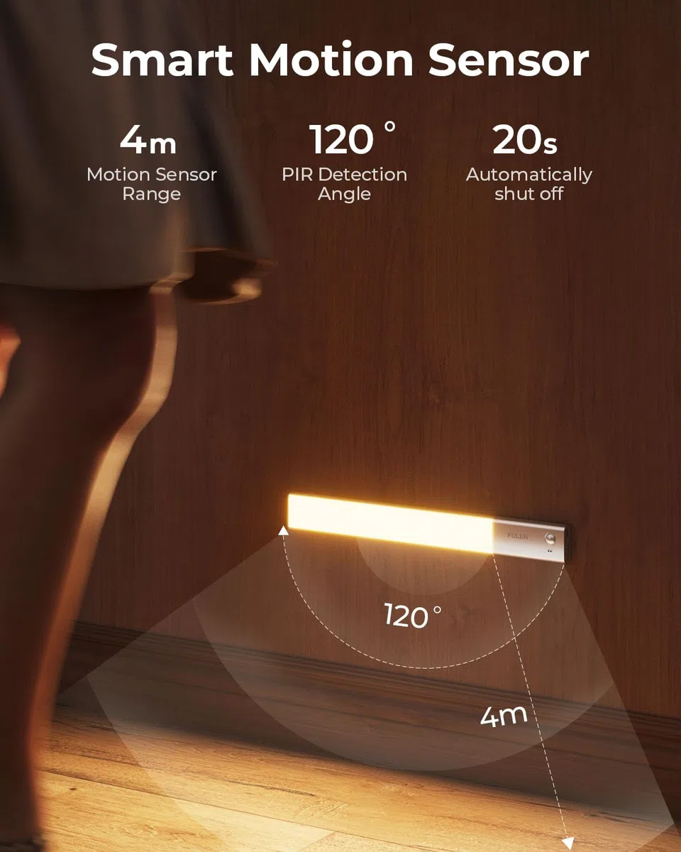 FULEN Luce LED Sottopensile con Sensore di Movimento, Lampada LED Ricaricabile da 3500 mAh Batteria, Barra LED Senza Fili da 35cm per Cucina e Armadio, 3 Temperature di Colore