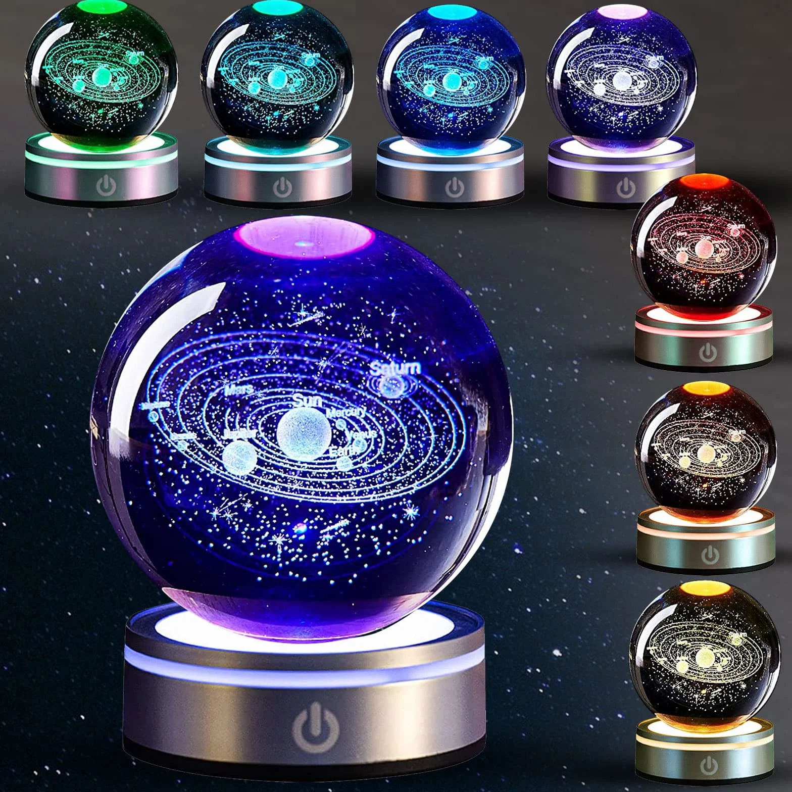 mumisuto Sfera di Cristallo 3D, Sfera di Cristallo 3D Sistema Solare, luce notturna 3d con sfera di cristallo con LED Light Up Base Casa Decorazione Ornamento Astronomia Regali educativi di Natale