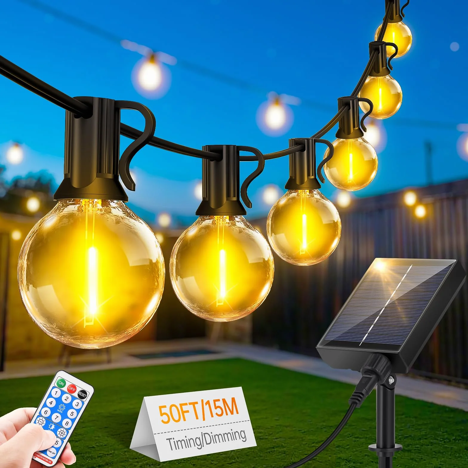 Solari Catena Luminosa Esterno con Telecomando - 15M/50FT Luci da Esterno Giardino con 20+1 Lampadine LED G40 8 Modalità e Funzione Timer per Illuminazione Gazebo Patio Jardin Balcone Fête