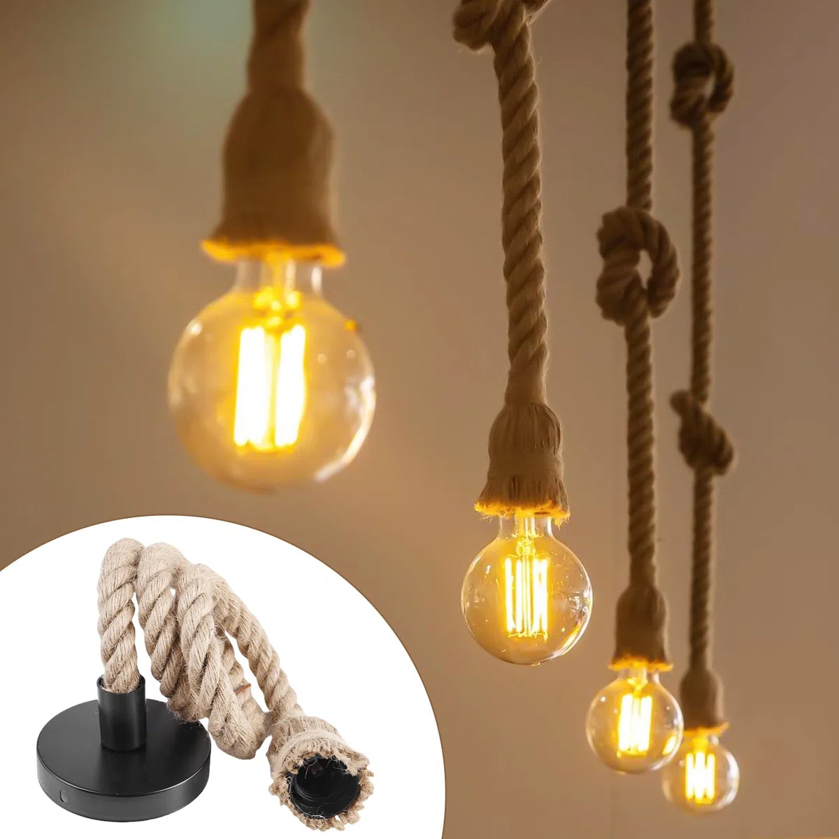 4 pezzi Portalampada E27 con cavo, Lampada a sospensione in stile retrò con corda di canapa e cavo da 100 cm, Kit di lampada a sospensione in corda di canapa per cucina, caffè, bar, magazzino
