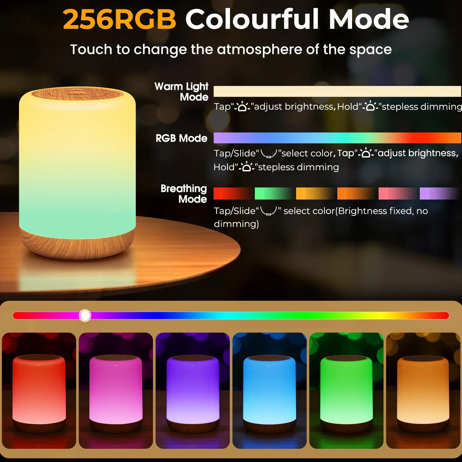 Set di 2 Lampada da Comodino Senza Fili LED, 2000mAh Luce Notturna Ricaricabile, 256 RGB e 3 Modalità Abat Jour da Comodino Luce Notte Bambini con Timer per Camera da letto, Soggiorno