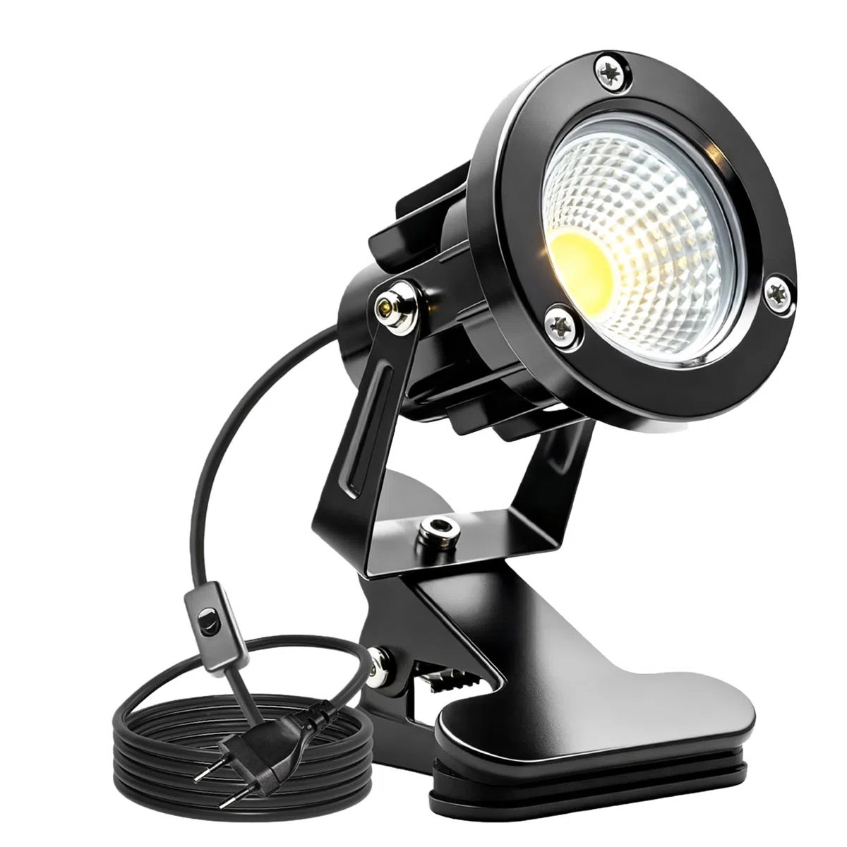 Faretto a LED con morsetto: alloggiamento in alluminio, IP65, impermeabile, da giardino con spina e interruttore da 1,8 m, illuminazione da giardino per interni ed esterni (bianco caldo)