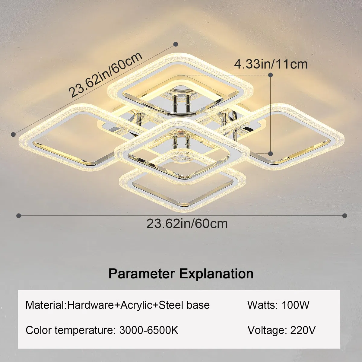 Qcyuui Plafoniera LED Quadrata Lampadari Moderni a Incasso, 100 W Dimmerabile Camera da Letto Lampade da Soffitto Design Nordico per Soggiorno Cucina con Telecomando/Cromo