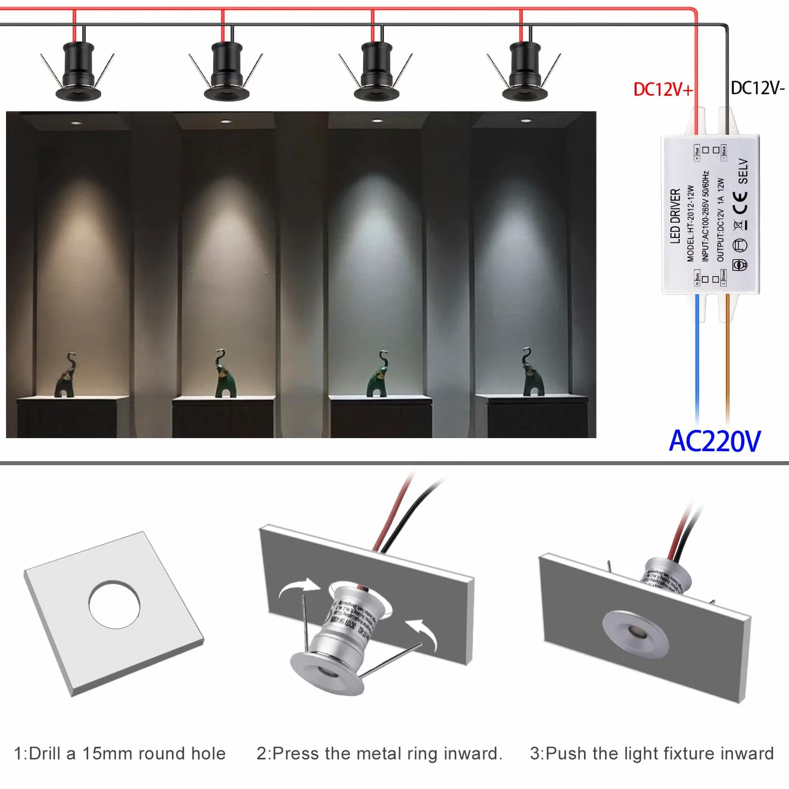 Mini faretto LED 902 30°, DC12V 1W, 80Ra, 75lm, dimensioni ridotte, installazione integrata, adatto per l'illuminazione di mobili come cantinette per vino, scarpiere, ecc.(4000K,Black,9Pack)