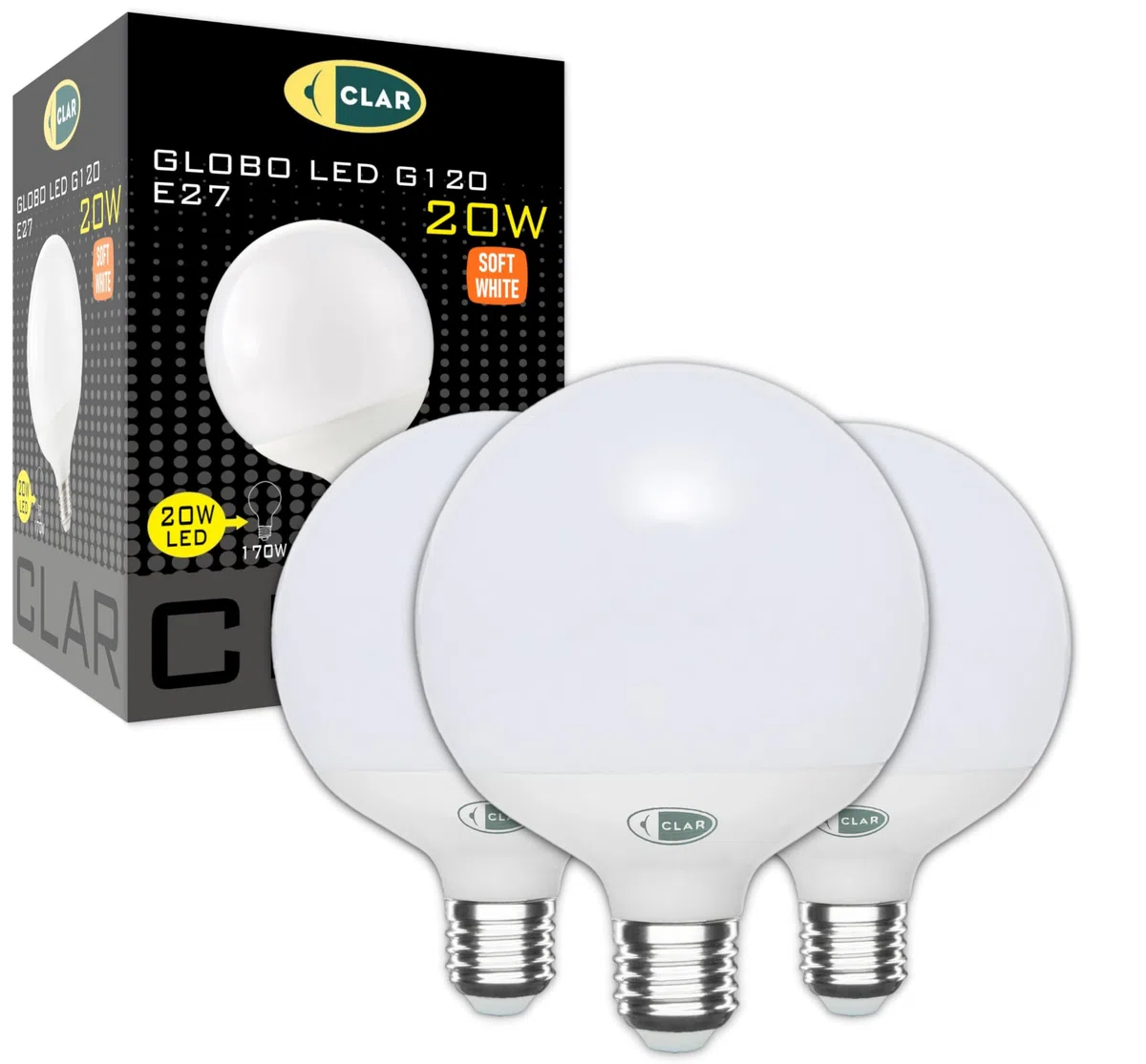 CLAR - Lampadine Grandi A Palla, Lampadina Led E27 Sfera Grande, Globo LED 20W E27, Lampadina Globo E27, Diametro 120 mm (G120), Lampadina non dimmerabile, Luce Calda 3000ºK (Pack 3)