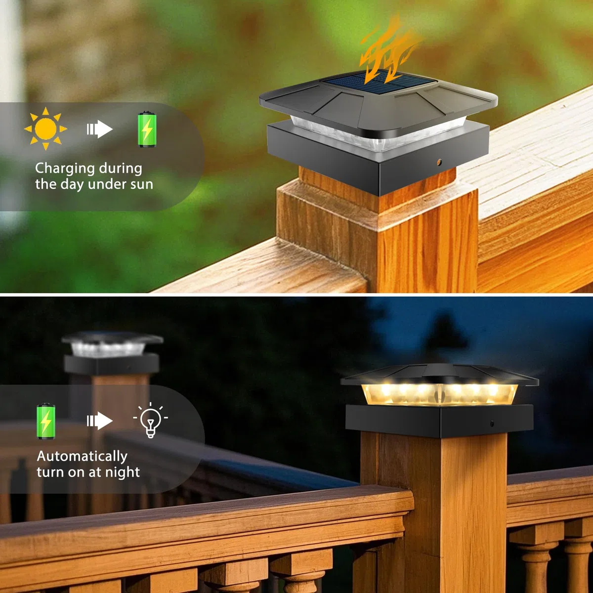 Peasur Lampada solare a palo, 3 modalità, 10 x 10 cm, per pali di recinzione, pali in legno, impermeabile, decorazione da giardino per pali in legno, recinzione, terrazza, 2 pezzi