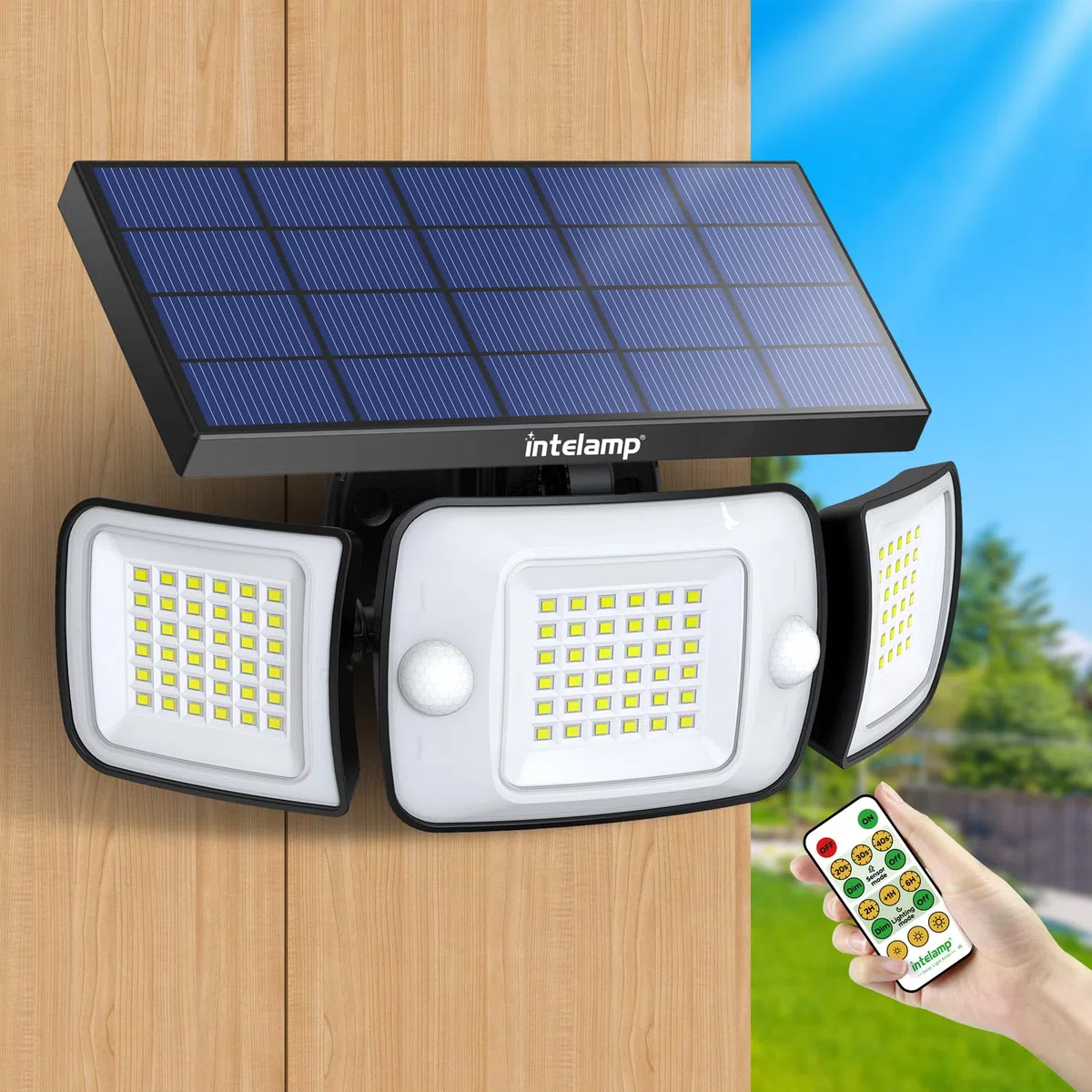 INTELAMP Luce Solare LED Esterno, 108LED Faretto LED da Esterno con Sensore di Movimento, 6000mAh Lampada Solare da Esterno 6500K, 4 Modalità Luci Solari Esterno per Giardino (Luce Bianca – 1 Pezzo)
