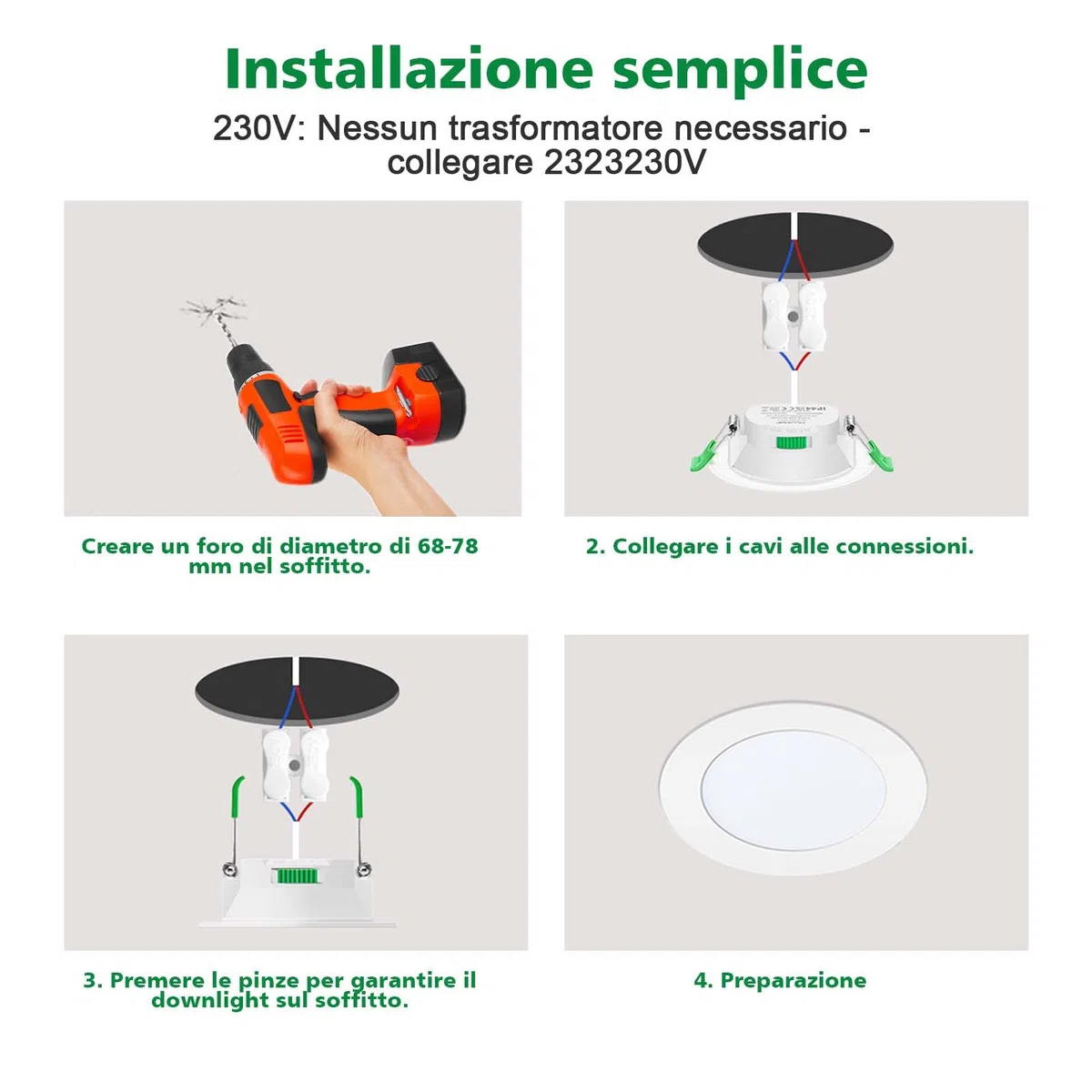 Faretti LED Soffitto 230V, 7W Dimmerabile Faretto LED Interno per 68mm - 78mm Diametro Foro, 3000K/4000K/6500K Regolabile, IP44 Faretti LED da Incasso per Cartongesso, Cucina, Bagno, Set of 6