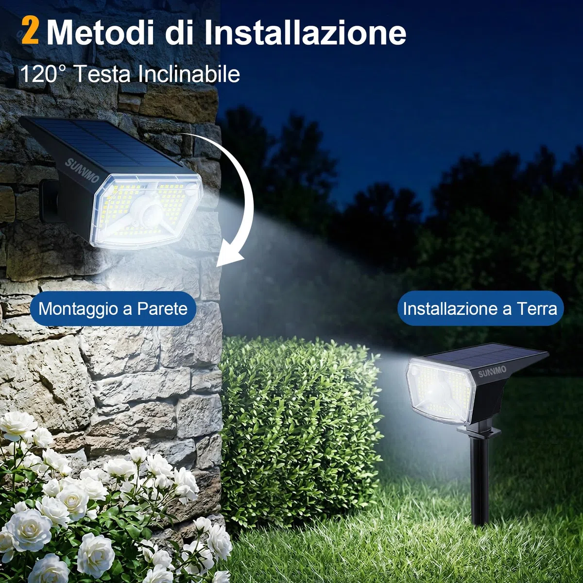 Faretti Solari a LED da Esterno con Sensore di Movimento, Lampade Luci Solari da Giardino Potenti 104LED 3Modalità, Faretto LED da Esterno Solare Giardino IP65 Impermeabile Luce Fredda, 2 Pezzi