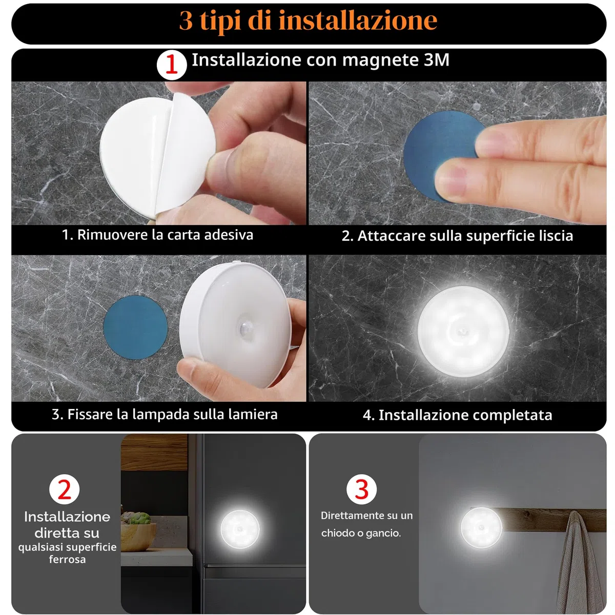 Set di 6 Luci Notturne con Sensore di Movimento, Lampada LED Ricaricabile USB a 3 Modalità di Illuminazione, Luce Sensore di Movimento Interno per Illuminazione di Scale, Corridoio, Camera da Letto