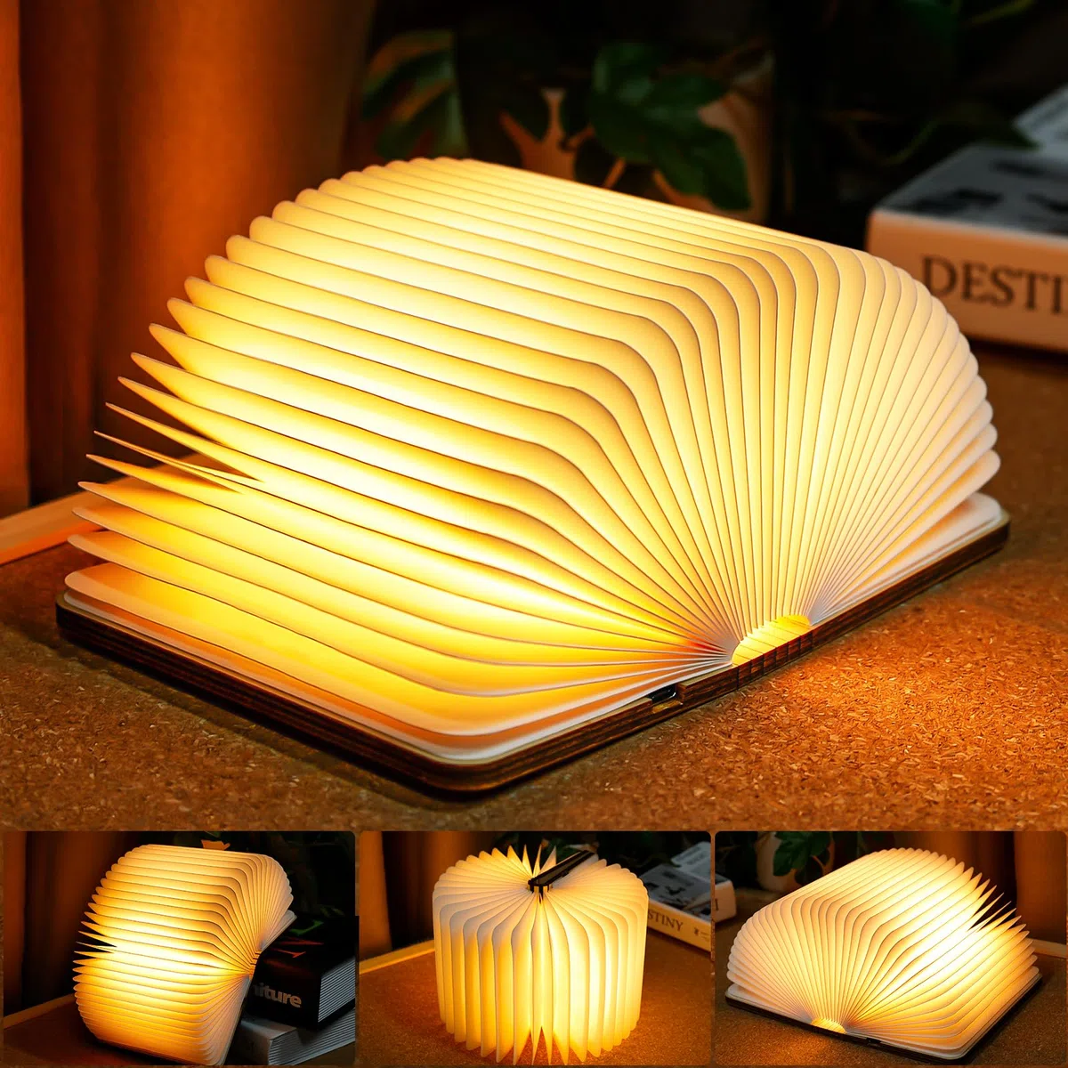 TRUMPETS Lampada Libro Led Pieghevole in Legno Mood Lights, Luci notturne 2500mAh Ricarica USB-C, Idea Regalo Originale Compleanno e Natale (12cm | Bianco caldo)