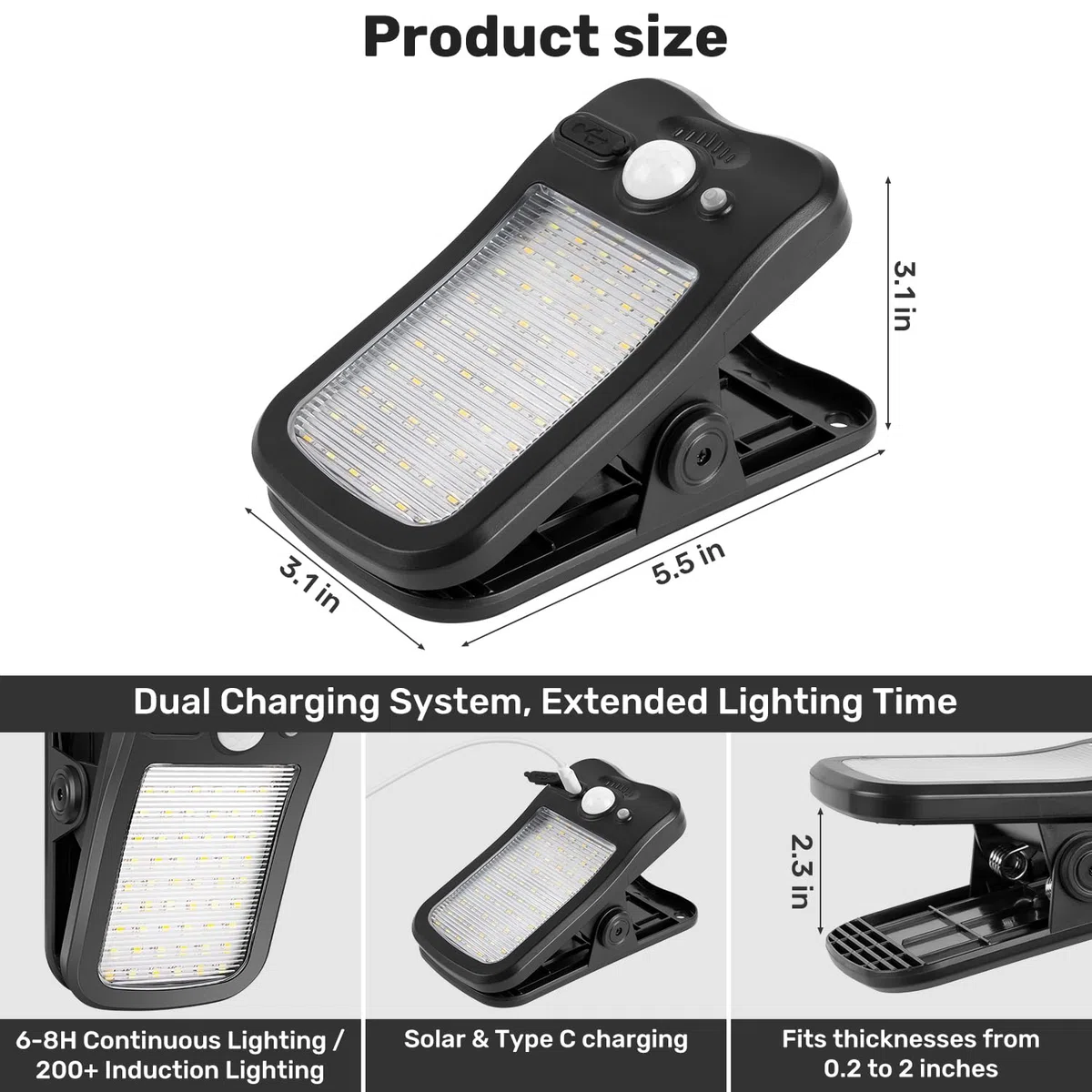 Luci solari con movimento a clip per esterni, luminosità 800 lm, 3 modalità e 3 temperature di colore, ricarica USB e telecomando, luce di inondazione impermeabile per recinzioni, grondaie