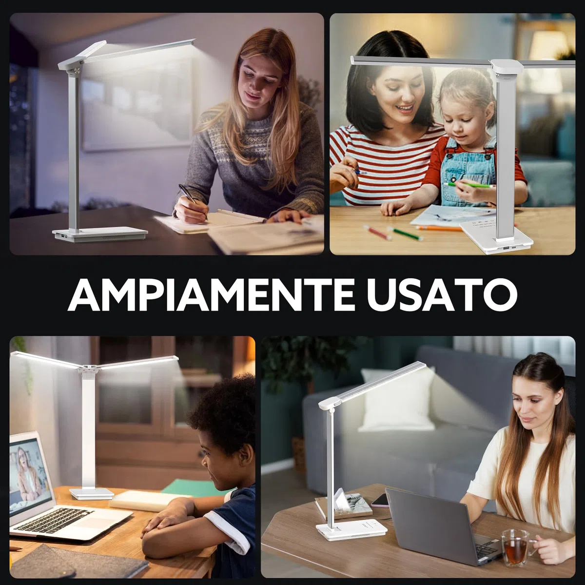 LENDOO LED Lampada Scrivania, Luce Scrivania Doppia Testa Wireless Batteria/Porte USB, 5 Modalità Colore, Luce Lettura Dimmerabile, Lampada Tavolo Touch, Per Camera, Ufficio