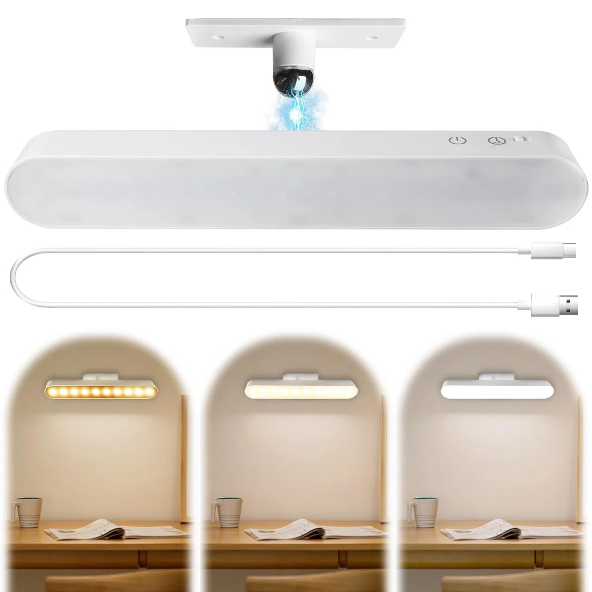 Lampada da specchio a LED per bagno, 32 cm, illuminazione per tavolo da toeletta, 4500 mW, portatile, con rotazione a 360°, 3 colori, dimmerabile, LED per trucco, lampada da specchio, anti vertigini
