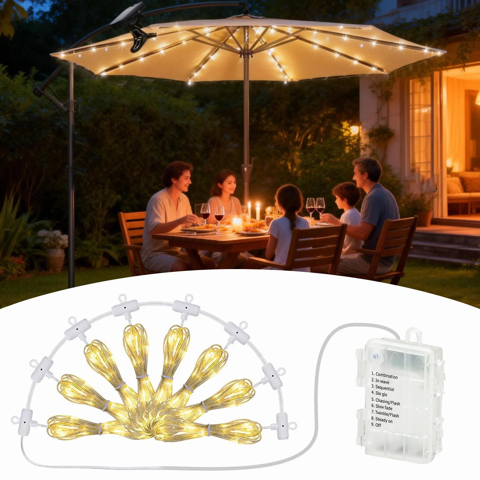 Illuminazione per ombrellone, 104 LED Illuminazione per ombrellone con telecomando, IP67 Luce a catena per ombrellone, Luci per ombrellone da giardino, Striscia luminosa decorativa per baldacchino per