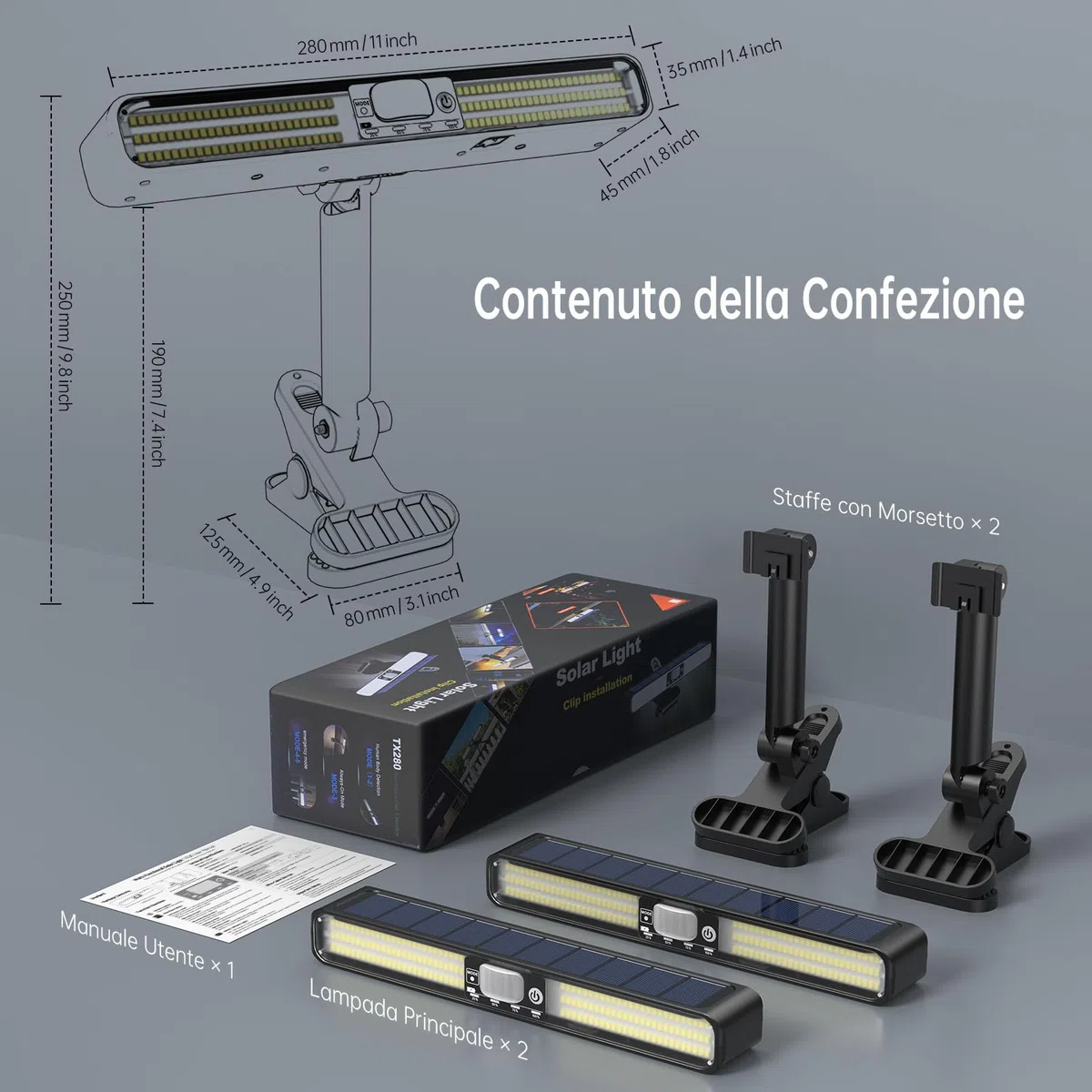 Jeebel 2 Pezzi Lampada Solare con Sensore Movimento 28cm 1200LM Luci Solari da Giardino con Clip, 160 LED, 5 Modalità, IP65, Luce Avviso Rosso-Blu, Faretto da Esterno Solare per Campeggio Recinzione