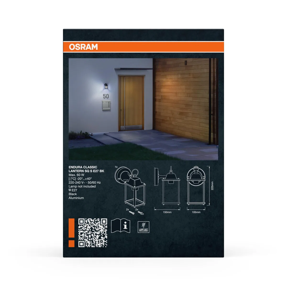 OSRAM Lampada da esterno ENDURA Classic S E27 nera, alluminio pressofuso, vetro trasparente, IP43, senza lampadina, adatta per installazione esterna