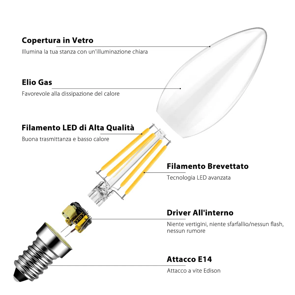 LVWIT Lampadine Filamento LED E14, Lampadina LED 5.5W Equivalenti a 60W, Lampadina 806 Lumen, Luce Bianca Calda 2700K, Forma a Candela C35, Stile Vintage Retro',Non Dimmerabile,Confezione da 6 Unità