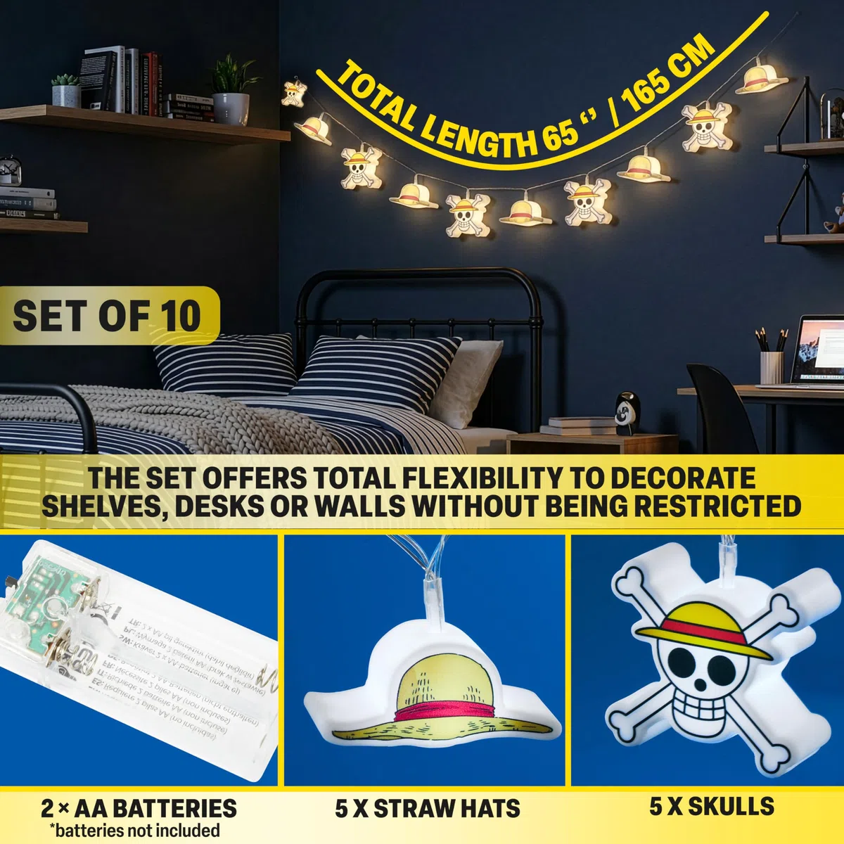 Get Trend One Piece 3D Stringa Luci LED, 10 Pz Bianco LED Lucine Fatate, Funziona a Batteria e con 2 Modalità Lightning, Straw Hat Skull Interno Decorazioni Casa & Camera da Letto, Regalo Anime