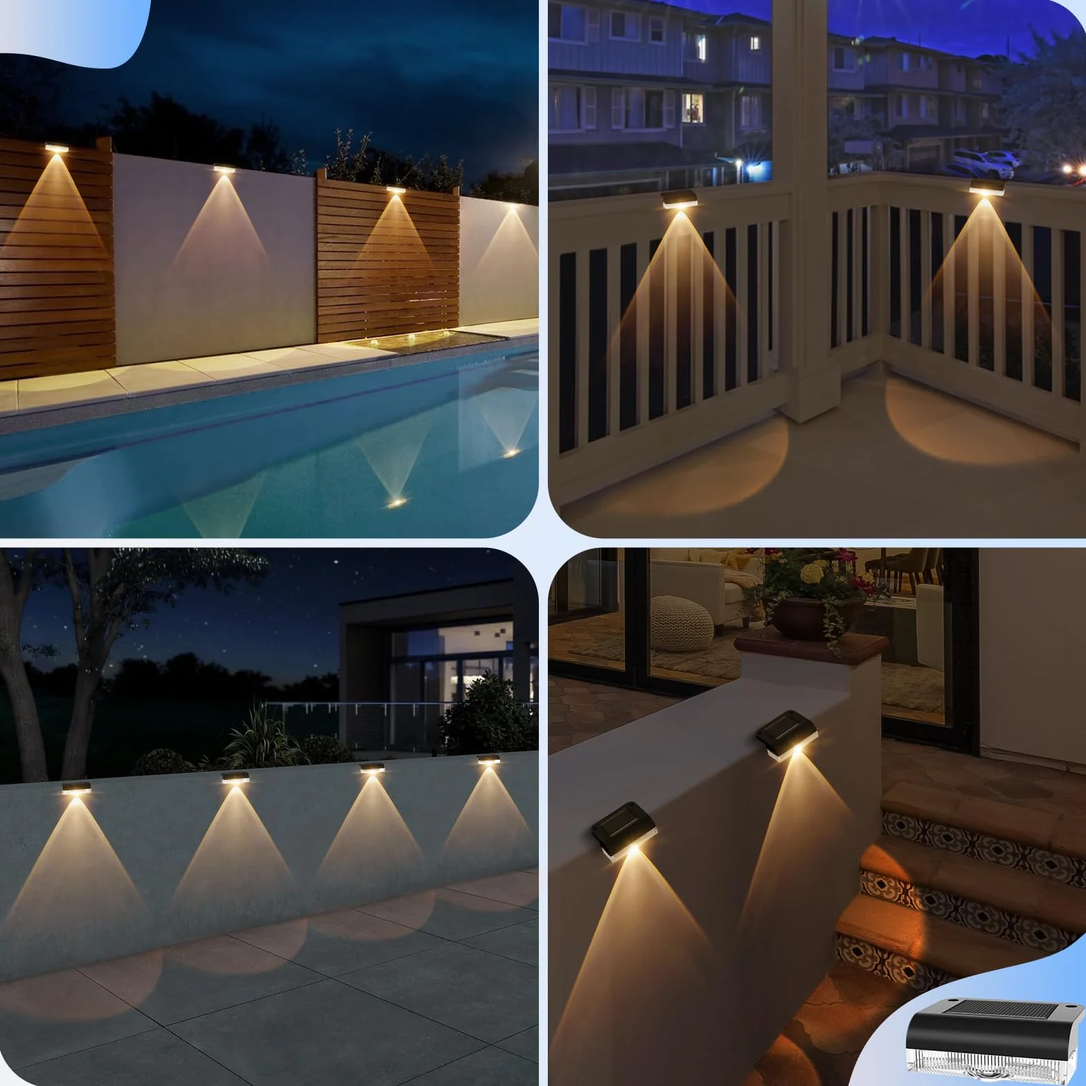 AGOTD Luci Solari per Esterni, 6 pezzi, Luce Solare per Scale, Lampade da Recinzioni Impermeabile, Luci Faretti LED Esterno per Gradini Balcone Terrazza Parete Terra Vialetti Sentieri, Bianco Caldo