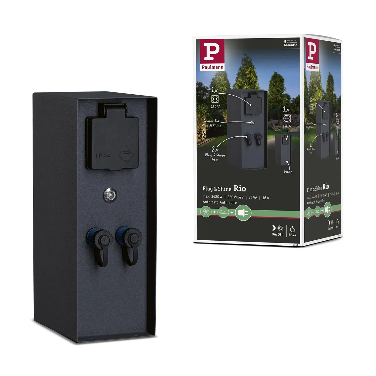 Paulmann 94701 Lampada esterni Plug&Shine accessorio colonna per prese elettriche Rio sensore crepuscolare IP44 antracite 2x 230V 2x Plug & Shine 24V