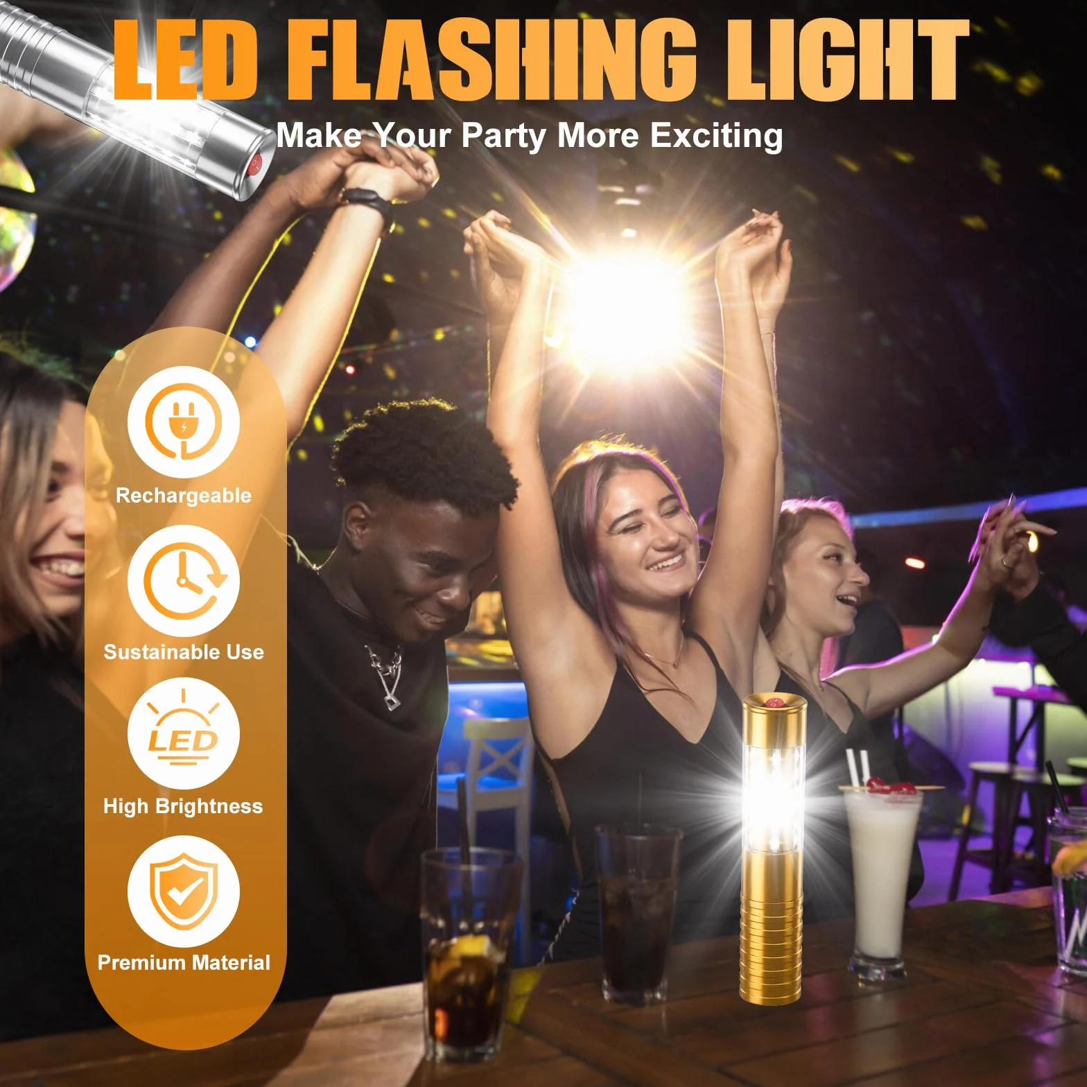 Righelli a LED stroboscopici per servizio di bottiglie, luce ricaricabile, luce a mano, lampada luminosa a LED fluorescente per discoteche, karaoke, matrimoni, feste, forniture di attività (Oro)