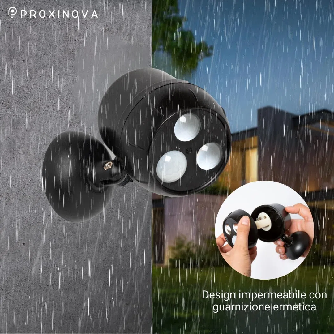 Proxinova Faretto LED da Esterno con Sensore di Movimento PIR Angolazione Regolabile, Confezione da 2 Faretti LED, Pratica Installazione, Faretti LED Esterno a batterie, Luci da Esterno di Sicurezza