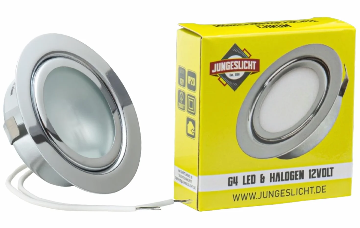 Lampada da incasso per mobili - 12 Volt AC G4, 20 Watt lampadina inclusa (dimmerabile), foro: 55-58 mm; diametro esterno: 65 mm; profondità di incasso: 30 mm; lampadina sostituibile, adatta anche per LED