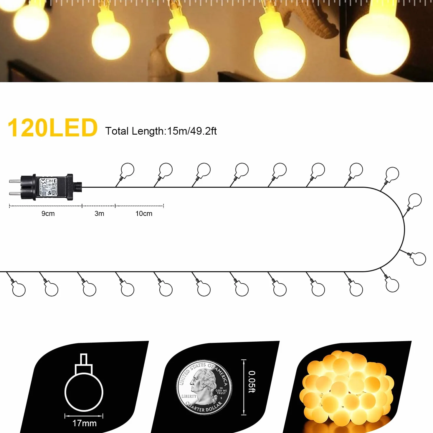 Ghirlanda luminosa a sfera, 15 m, 120 LED, ghirlanda luminosa da esterno/interno, con spina, 8 modalità con telecomando, per camera da letto, interno, giardino, Natale e matrimonio (bianco caldo)