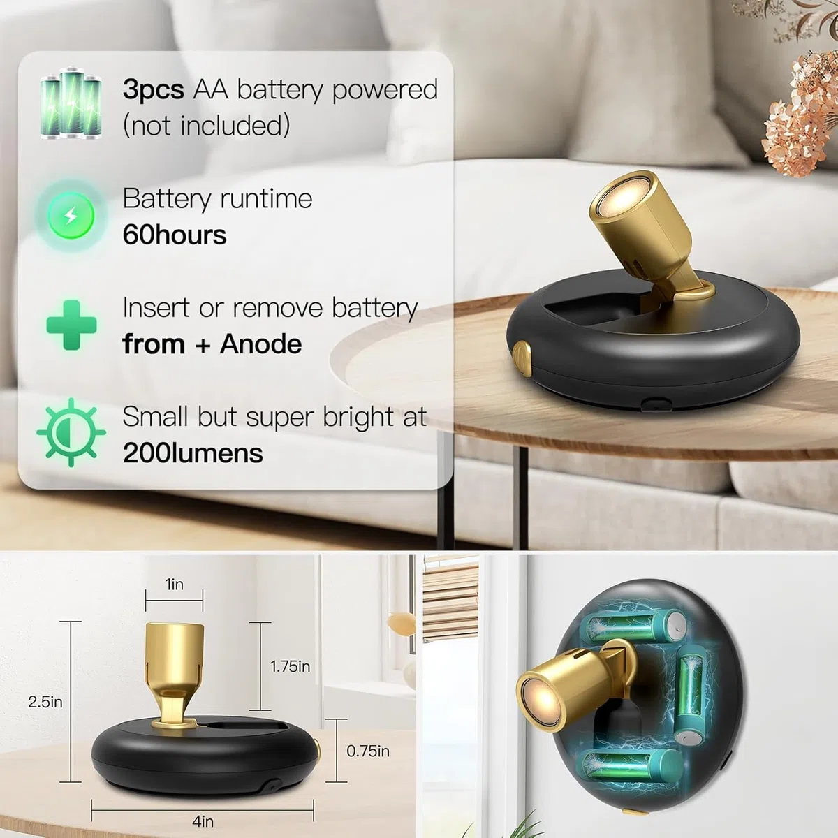 Foco per piante da interno, funziona a batteria, luci da parete decorative, punto di accento artistico, luci da parete wireless con timer remoto e regolabile, luce ascendente