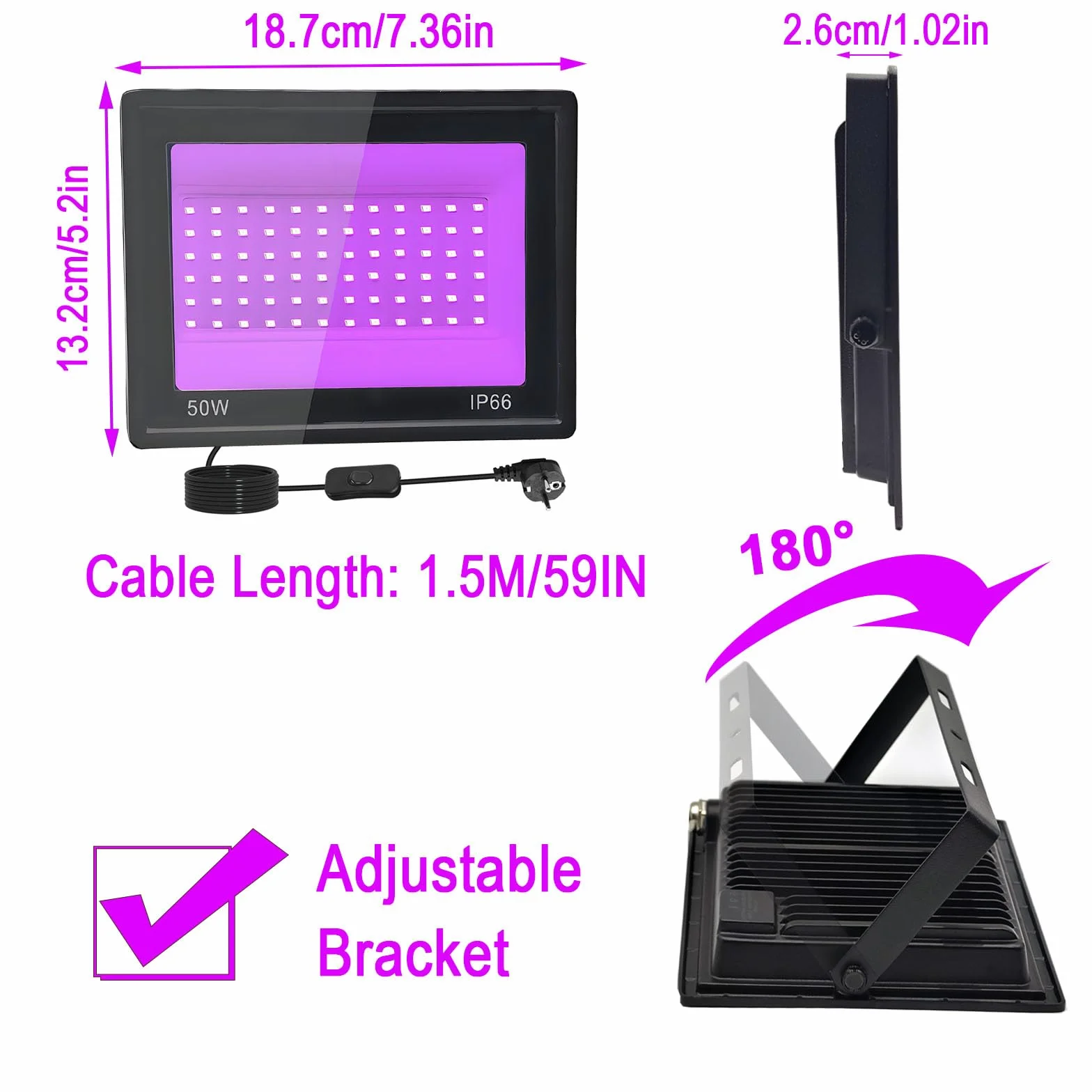 50W Faretto UV LED, IP66 Impermeabile Luce Nera UV, 395-400nm LED Luce Nera, Lampada uv Con Interruttore per Halloween, Pittura Del Corpo, Poster Fluorescente, Bar, Acquario, Festa Al Neon