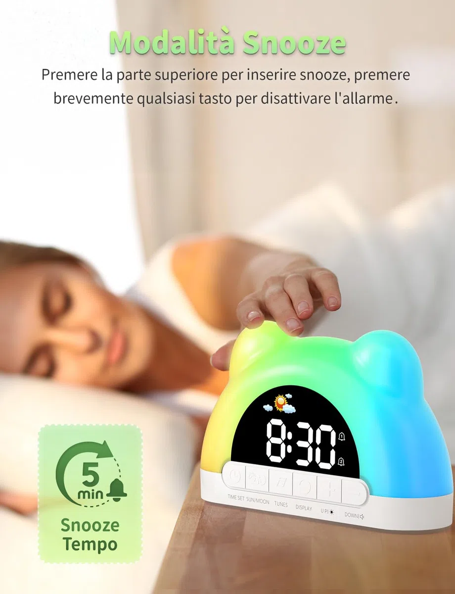 Sveglia Digitale per Bambini 12/24 Ore, Sveglia da Comodino con 11 RGB Luce, 5 Livelli di Luminosità, Doppia Modalità Giorno/Notte, per Allenamento del Sonno