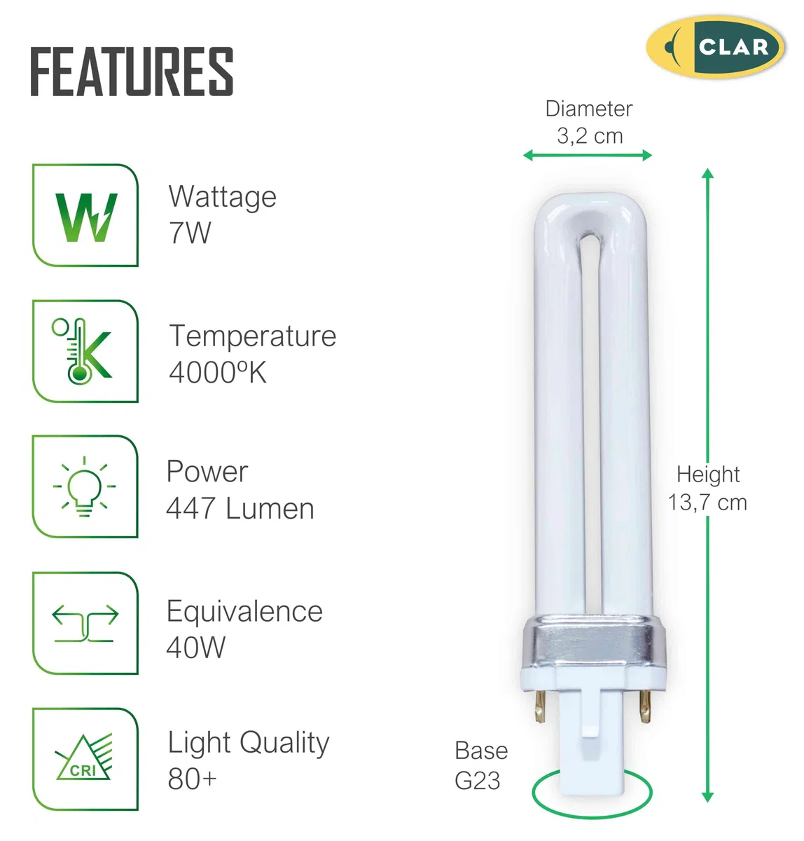 CLAR - Lampadina PLC Gemini S 7W Luce Naturale 4000K G23, Non Regolabile (Pack 10)