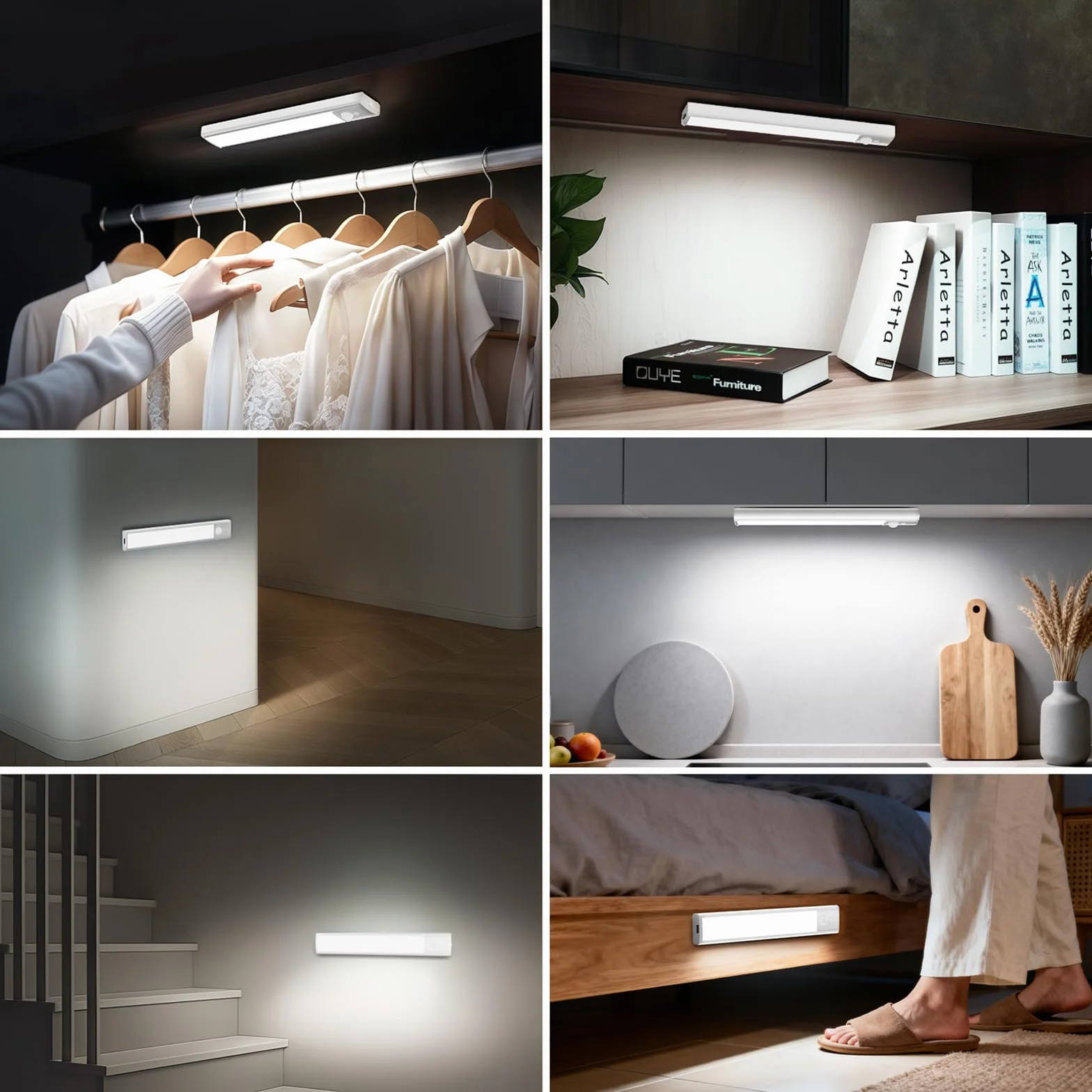 daphomeu 5 Pezzi LED Sottopensile Cucina, Dimmerabile Luce led Sottopensile, 20cm Bianco Freddo Luce Armadio led con Sensore, wireless luci ricaricabile magnetica per scale, armadio