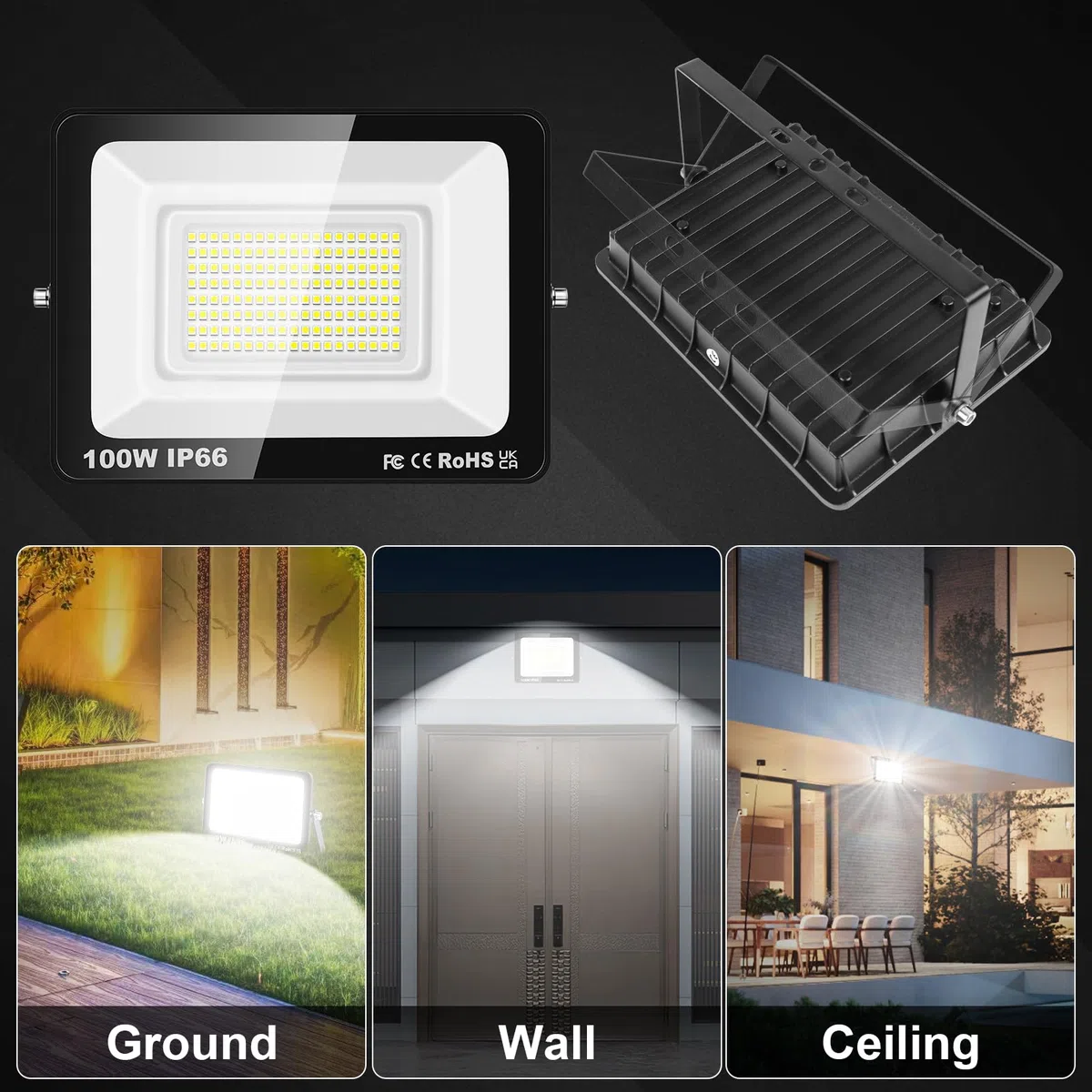 RIGIDON Faretto LED 100W, Faro da Esterno con Spina, Faretti 10000LM Impermeabile IP66, Fari Led Interna ed Esterna 6000K Bianco Freddo Fari di Sicurezza per Giardino, Cortile, Garage