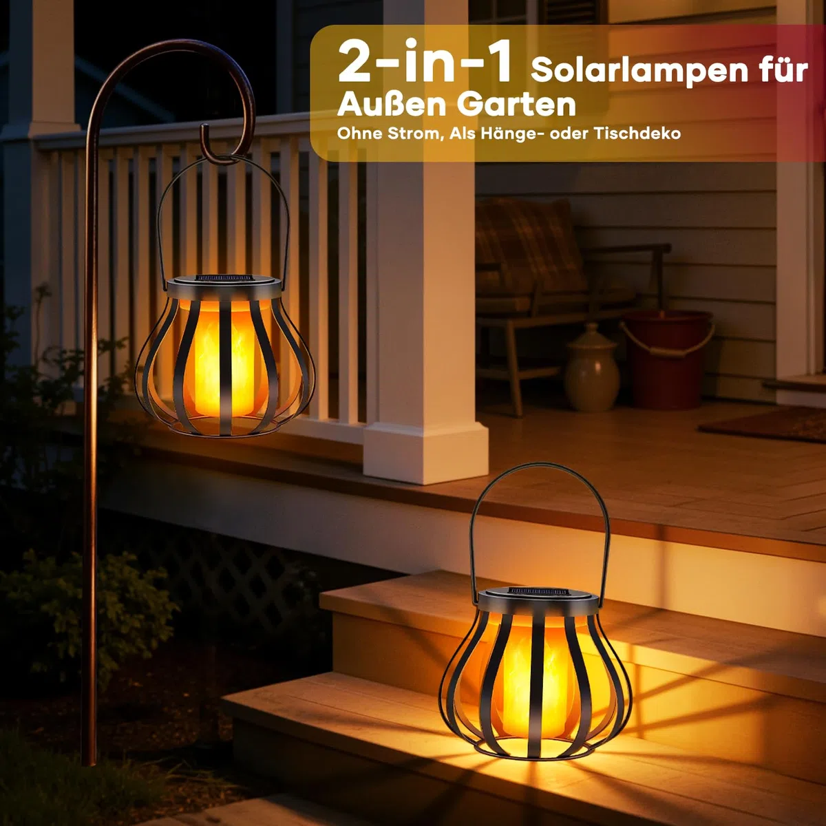 2 lanterne solari con effetto fiamma reale per esterni, IP65, impermeabili, per giardino, balcone, terrazza e cortile con sensore crepuscolare automatico, decorazione da giardino, Senza gancio e base