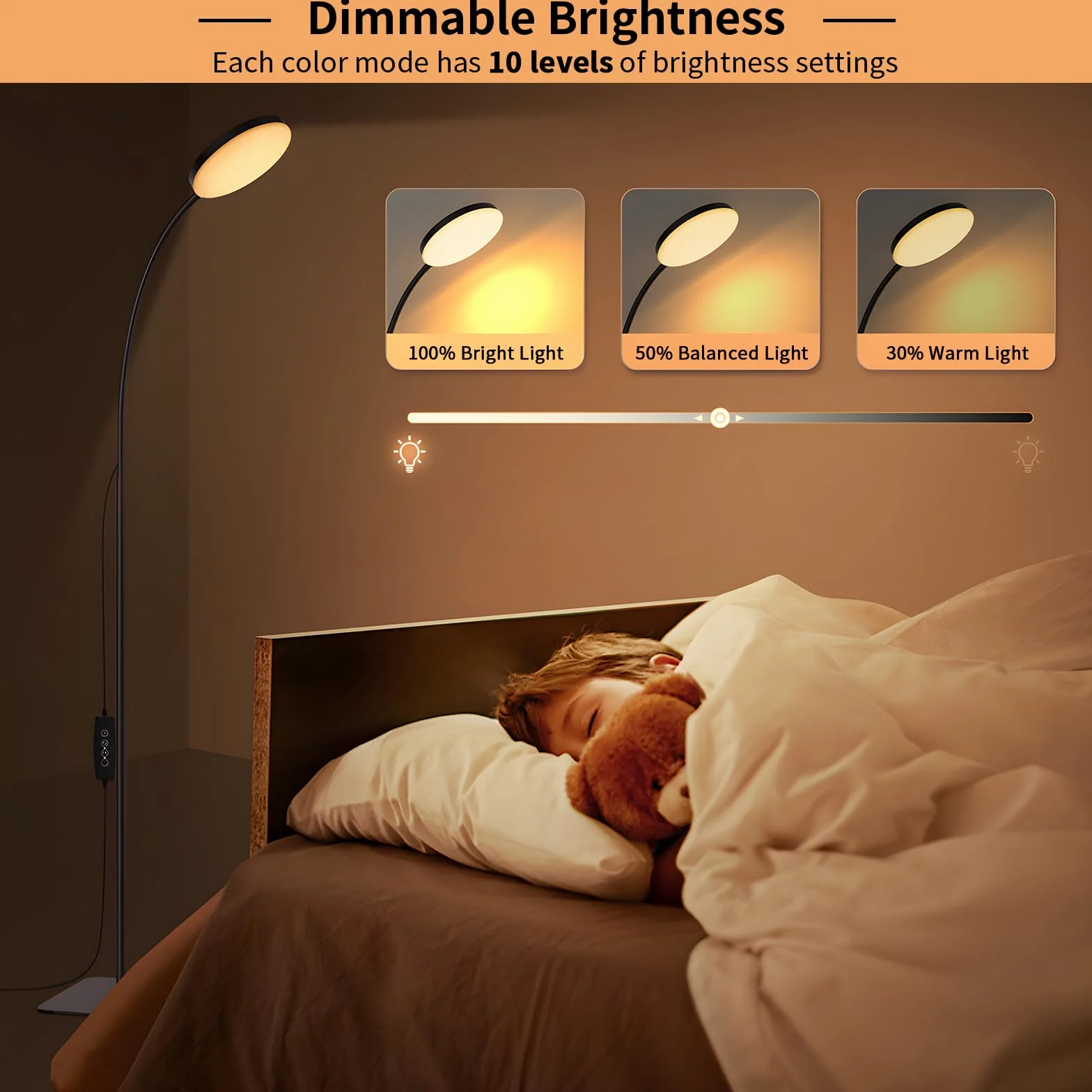 Mojimdo 160LED Lampada da terra [3 colori e 10 luminosità] Lampada da lettura LED sottile da terra, luce a collo d'oca flessibile regolabile e dimmerabile per camera da letto per bambini, ufficio